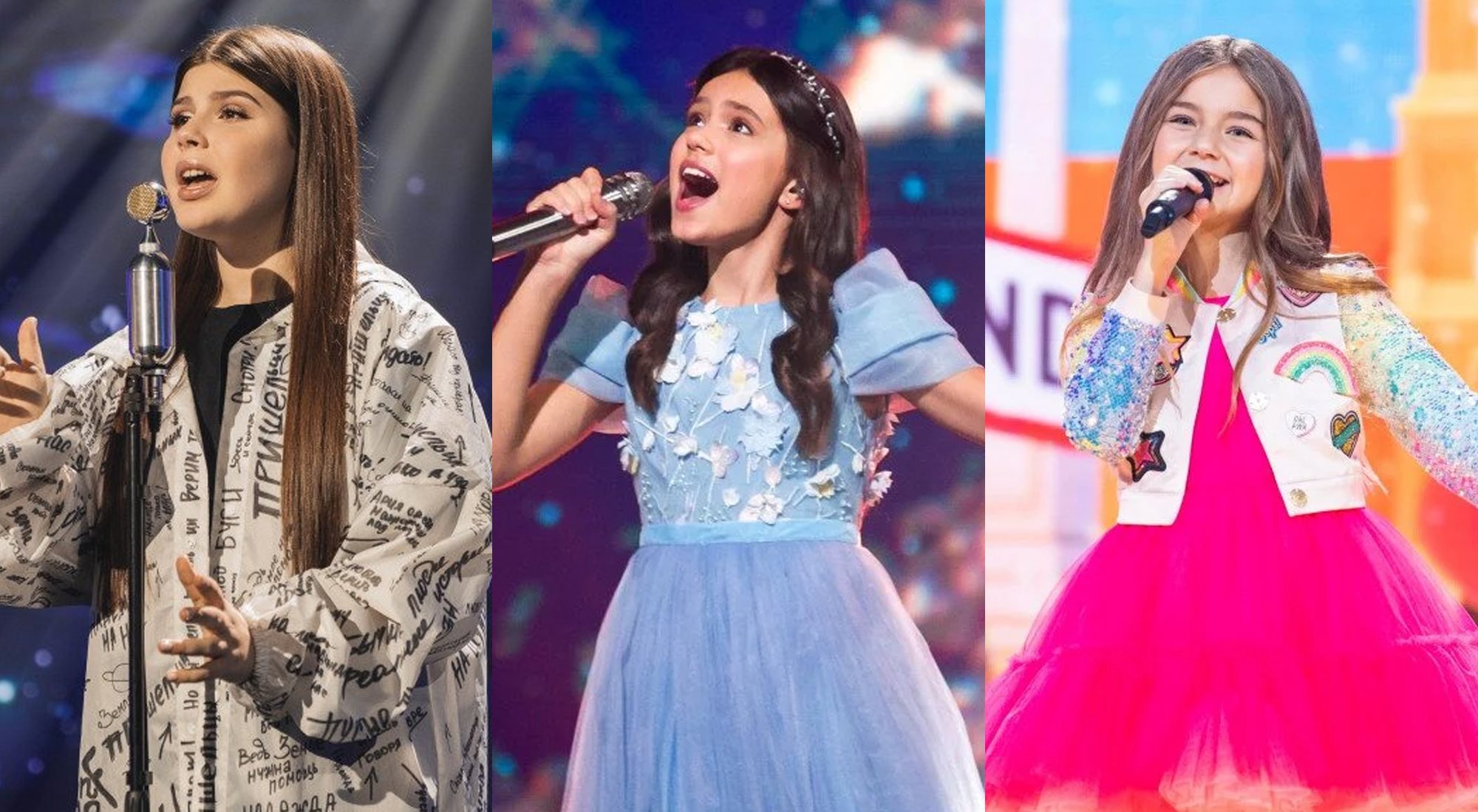 Las representantes de Bielorrusia, Rusia y Francia durante sus actuaciones en Eurovisión Junior 2020