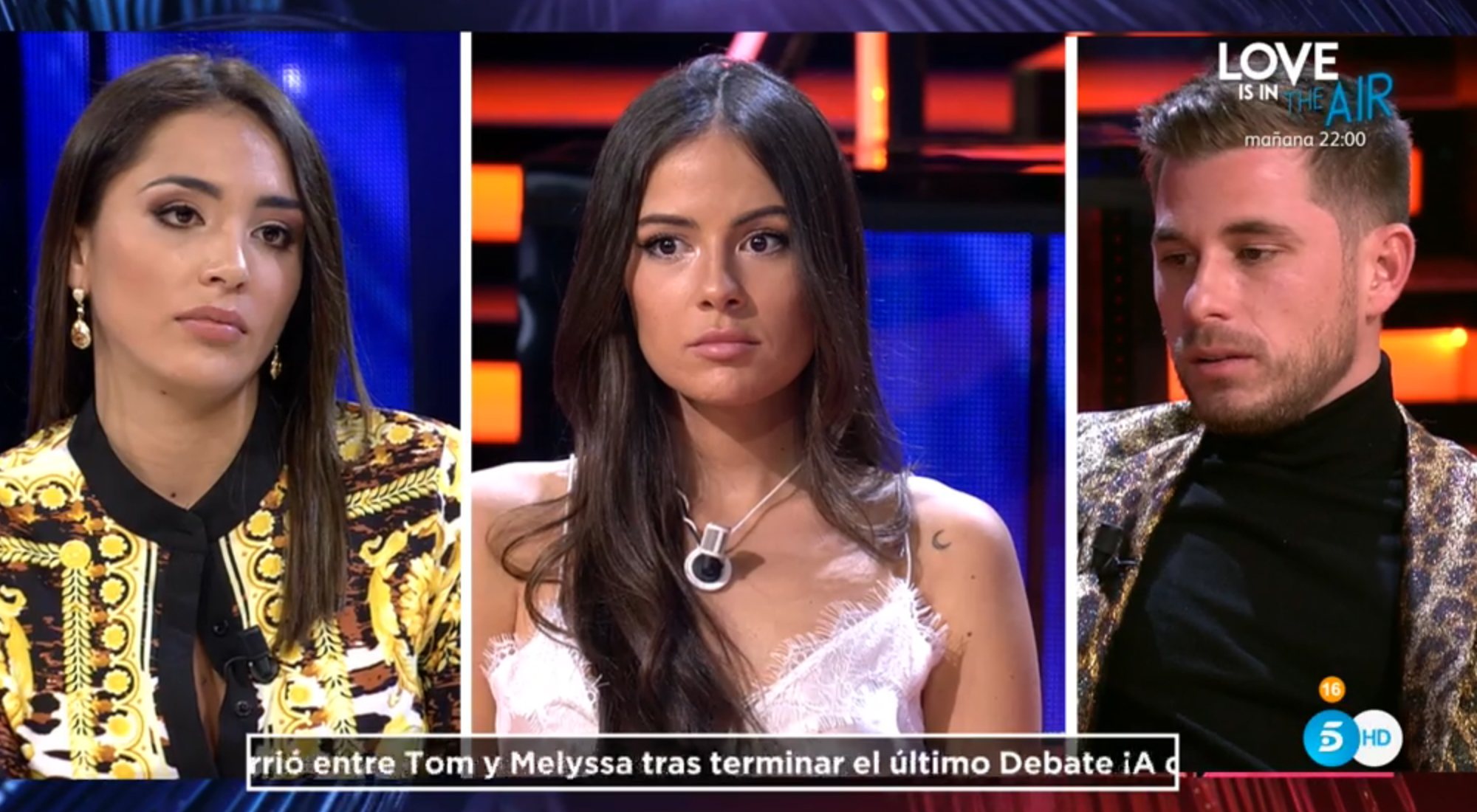 Sandra Pica, Melyssa y Tom Brusse durante su encuentro en 'El debate de las tentaciones'