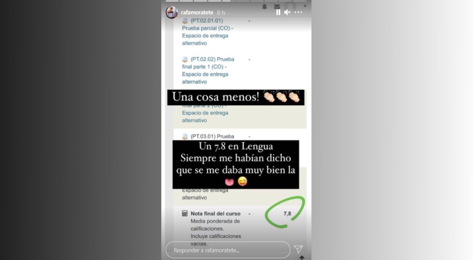 Publicación en Instagram de Rafa Mora con sus resultados académicos