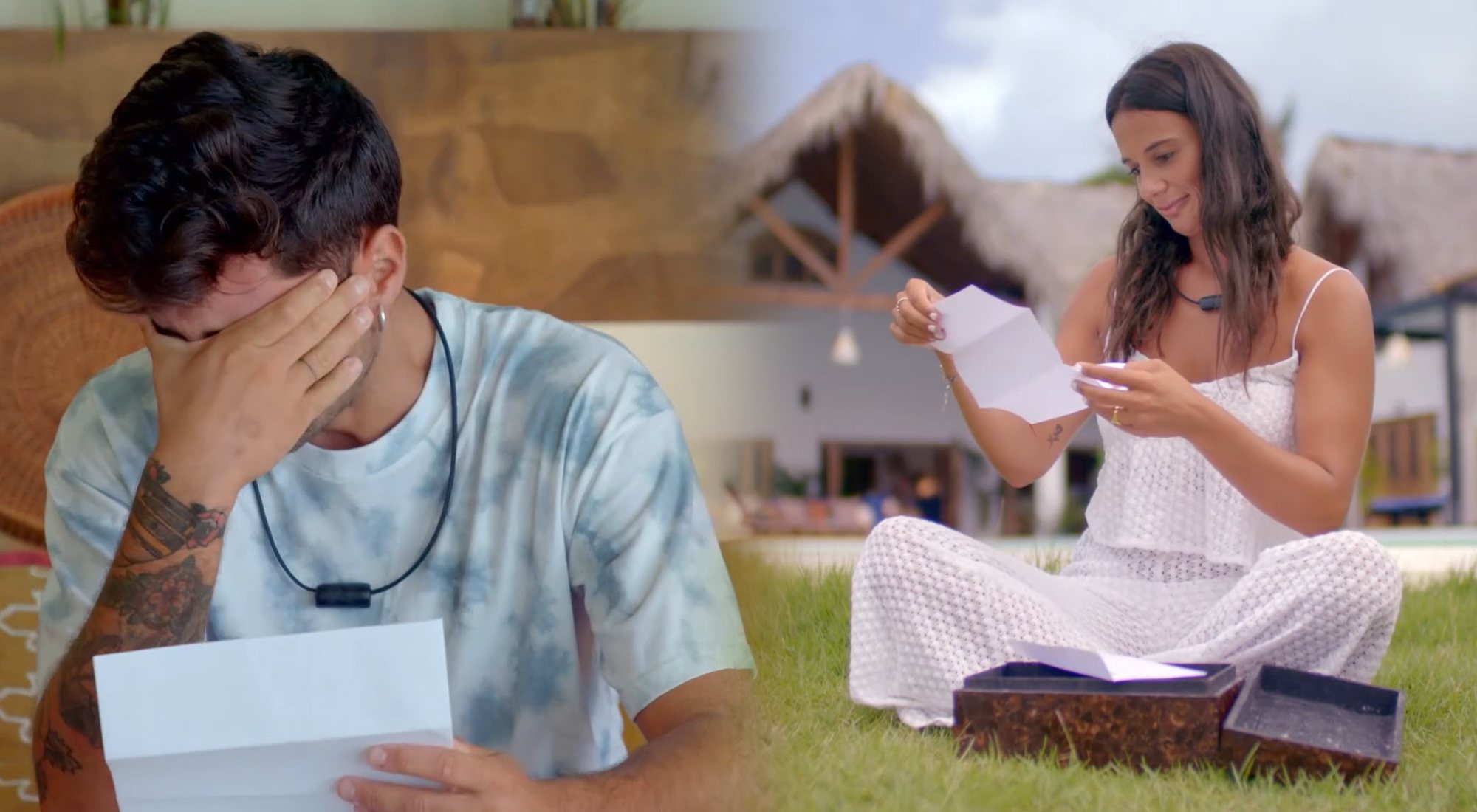 Hugo y Lara mientras leen sus cartas en 'La isla de las tentaciones'