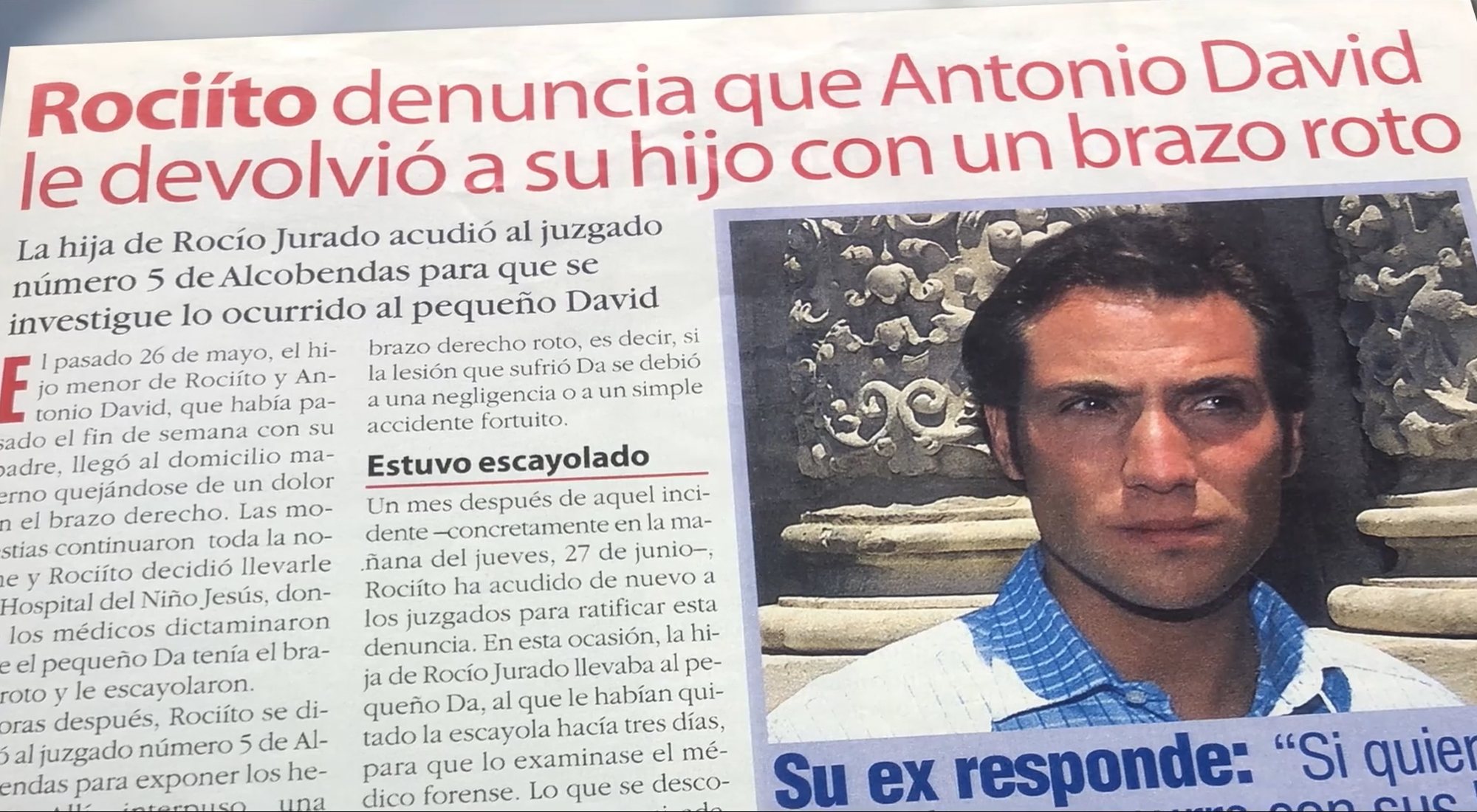Noticia sobre la denuncia de Rocío Carrasco sobre el estado en el que Antonio David le habría entregado a su hijo