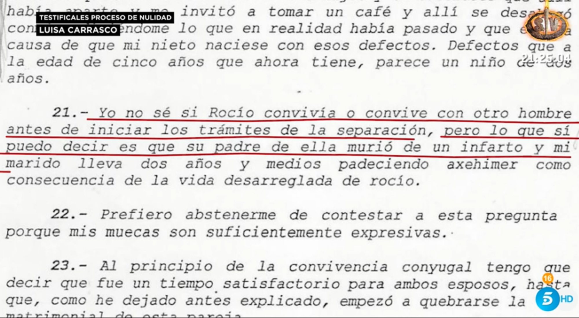 Parte del documento que recoge las declaraciones de Luisa Carrasco contra Rocío Carrasco