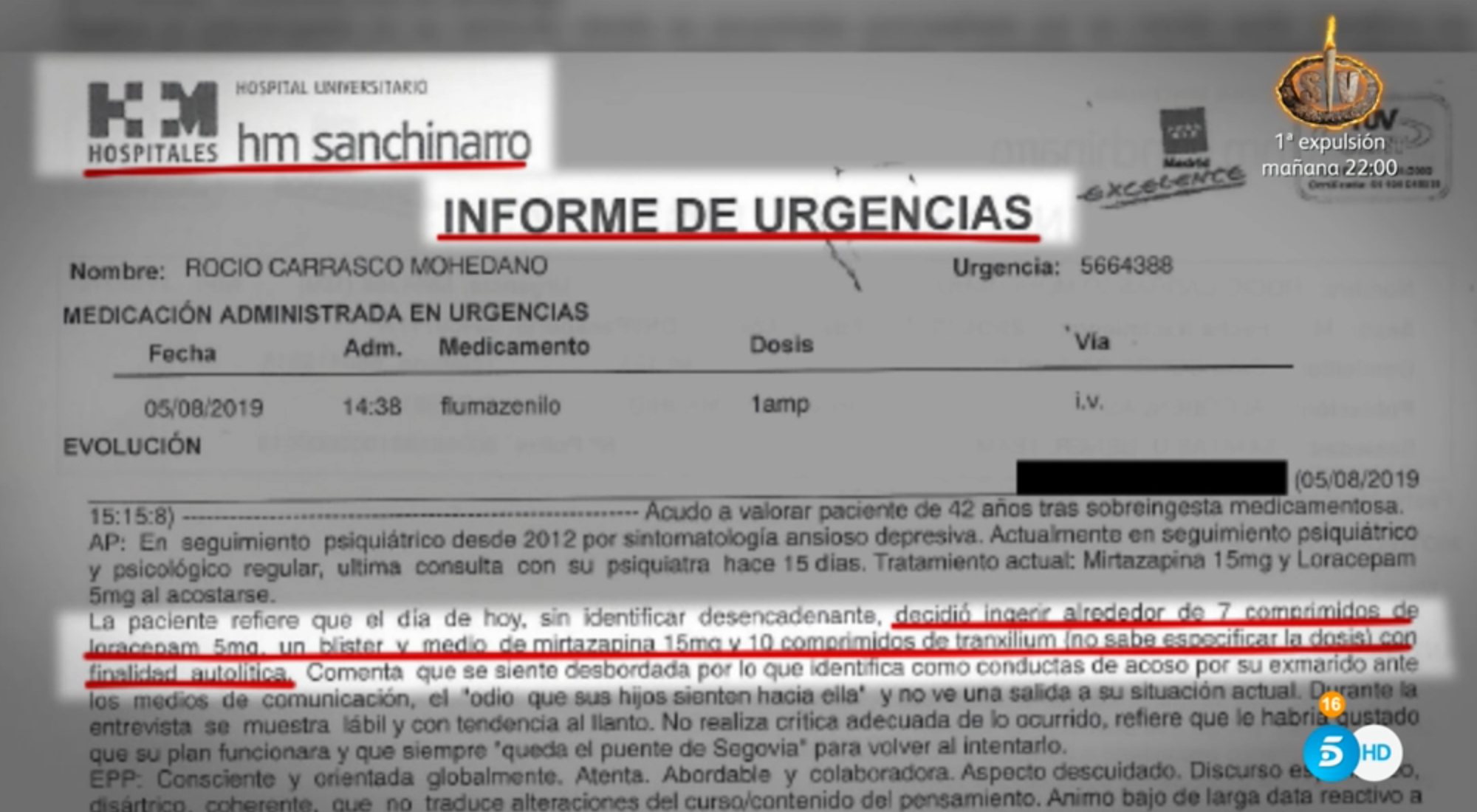 Documento del HM Sanchinarro que recoge la cantidad de pastillas que ingirió Rocío Carrasco