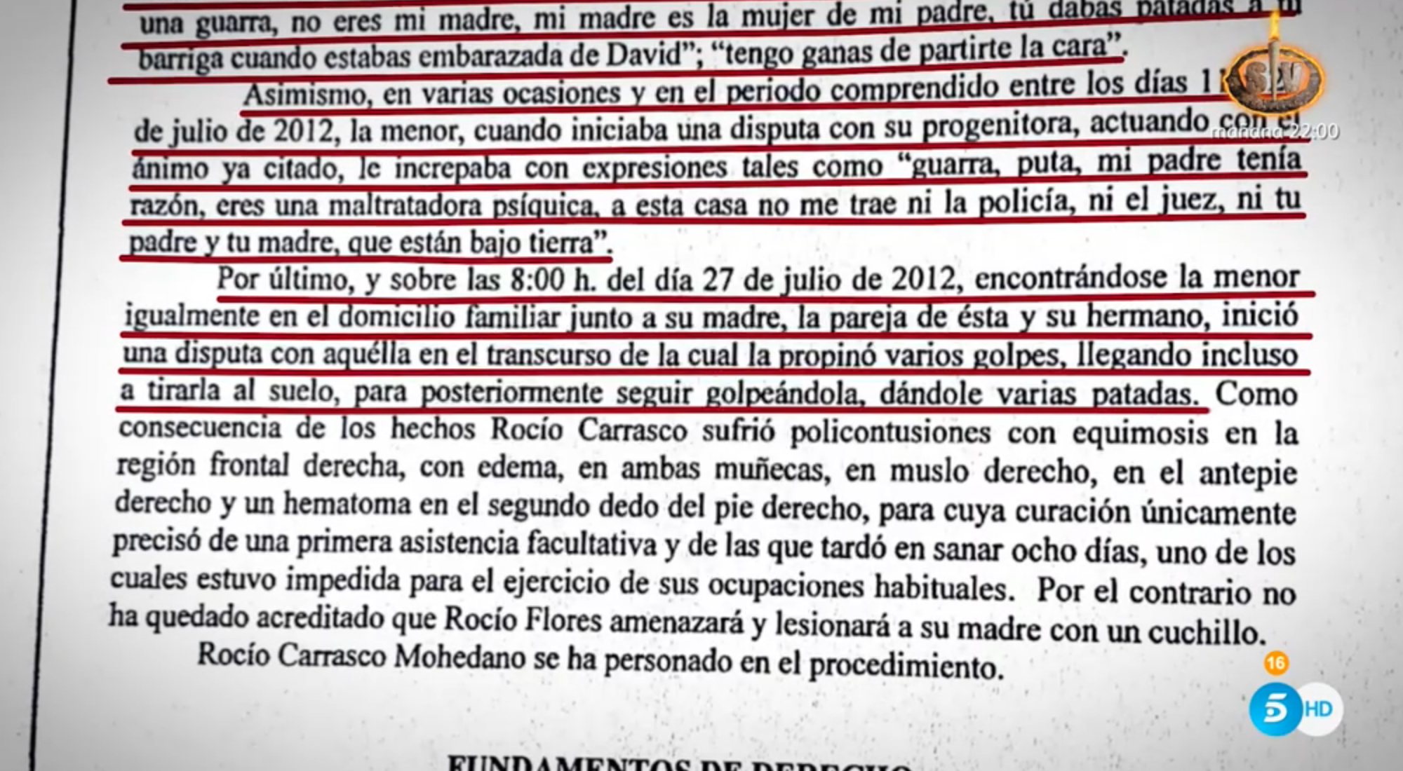 Documento en el que se recoge la agresión contra Rocío Carrasco