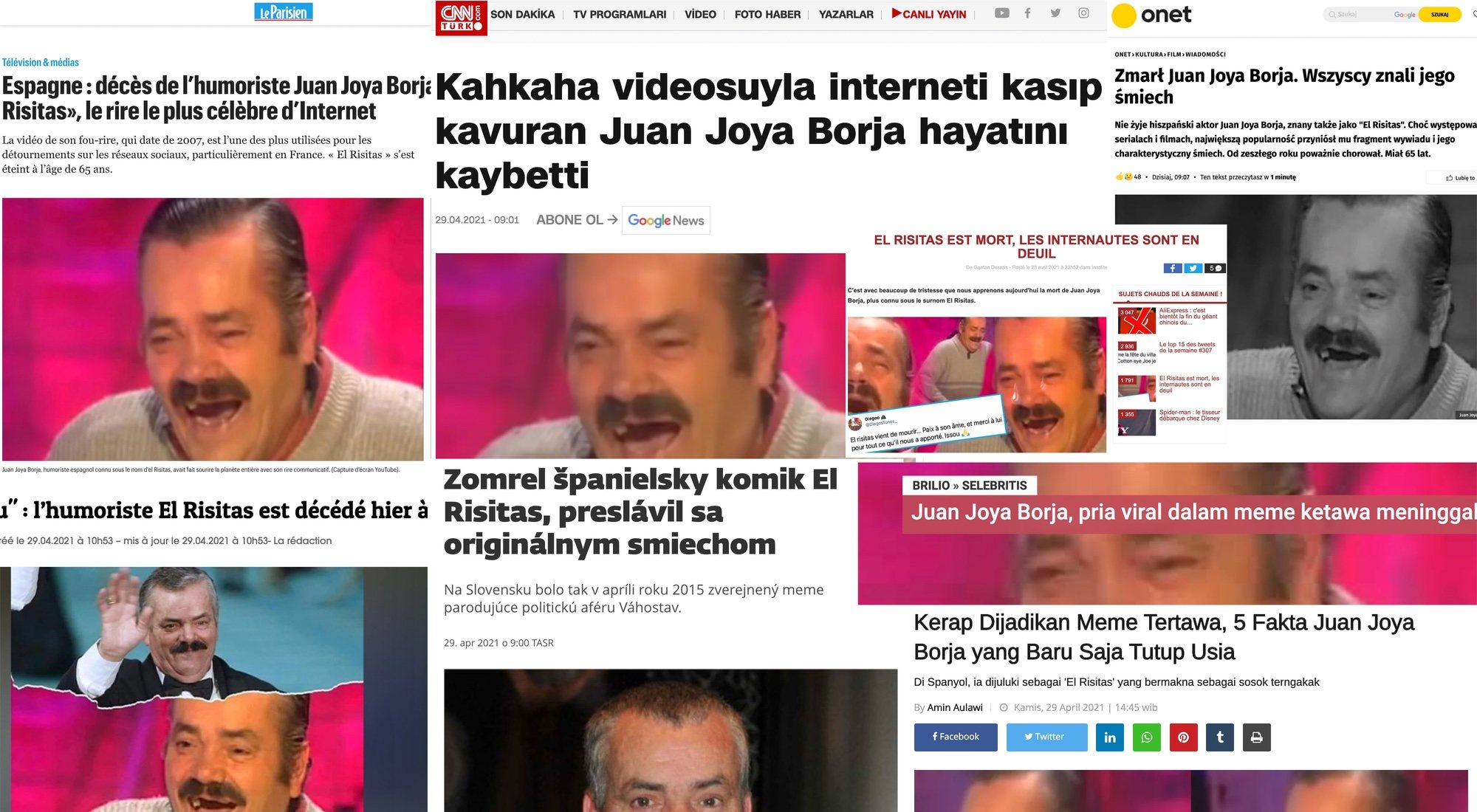 Titulares de algunos medios internacionales dando la noticia de la muerte de "El Risitas"