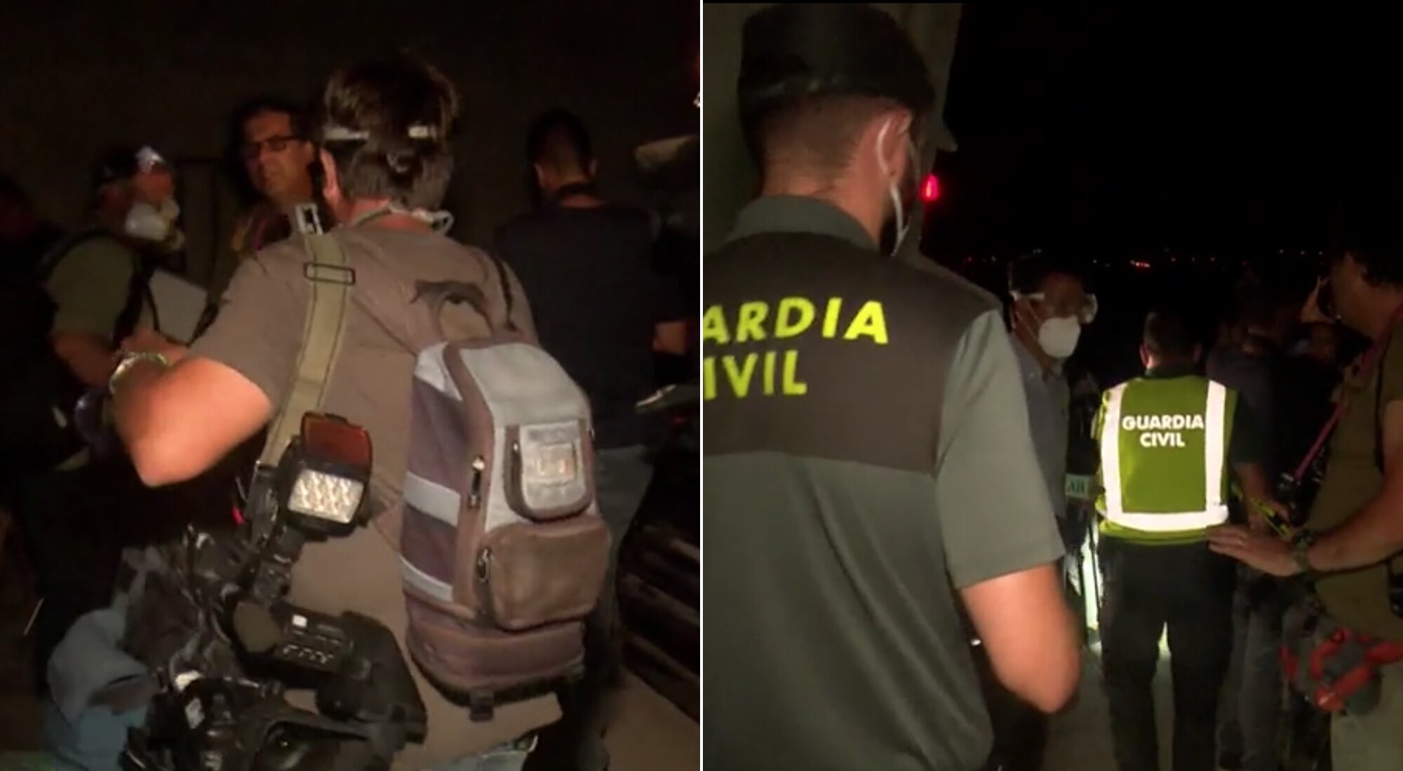 Periodistas abandonando el puerto de Tazacorte y agentes de la Guardia Civil