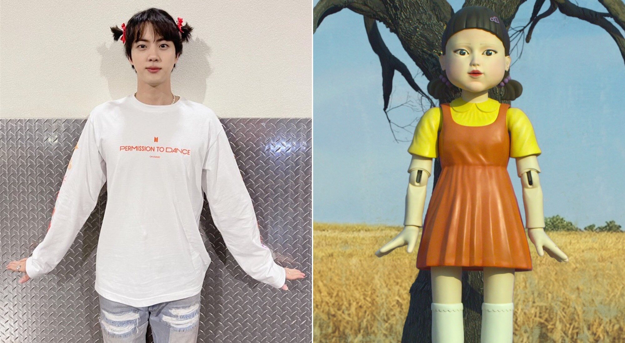 Kim Seokjin y la muñeca de 'El juego del calamar'