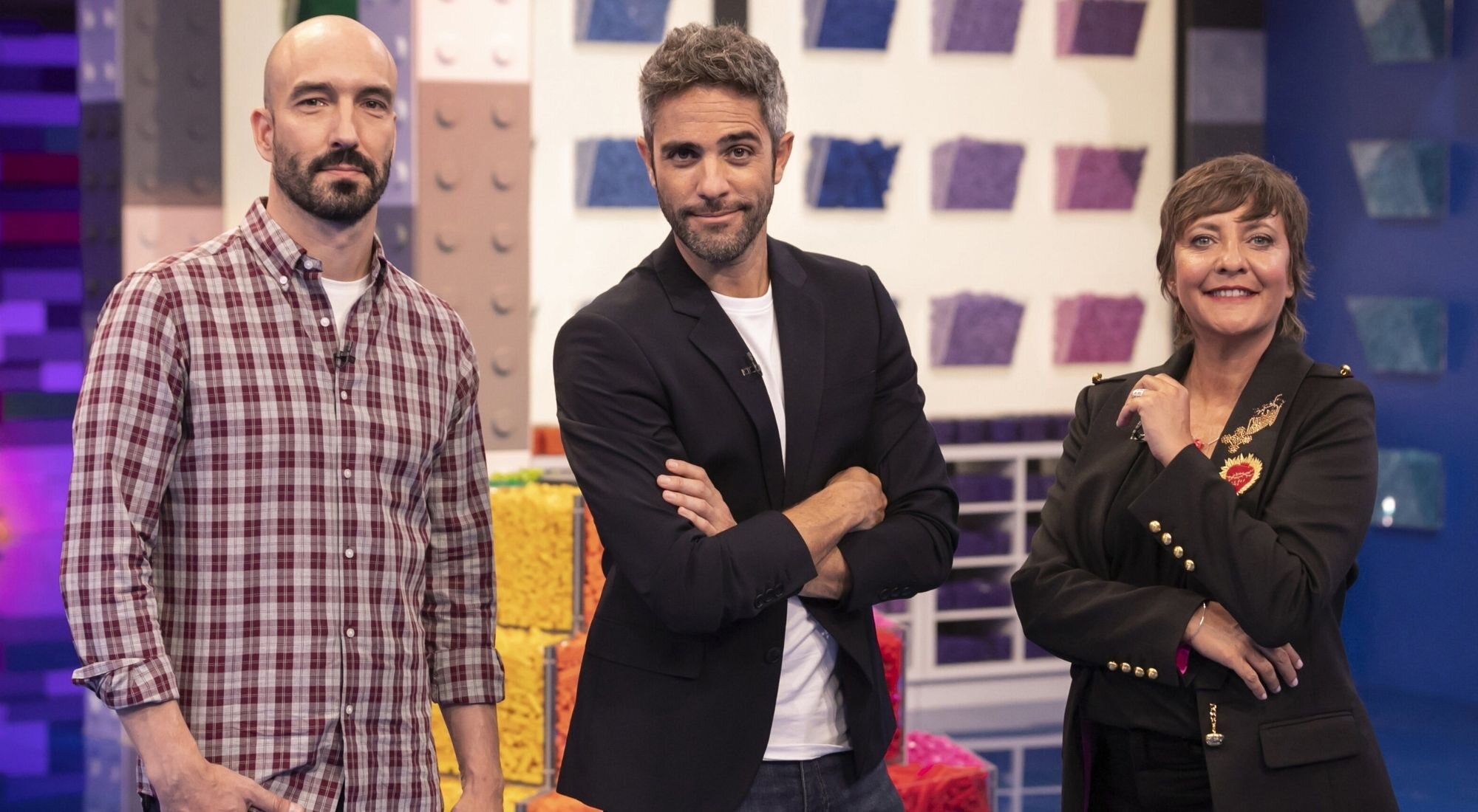 Pablo González, Roberto Leal y Eva Hache, en 'Lego Masters'