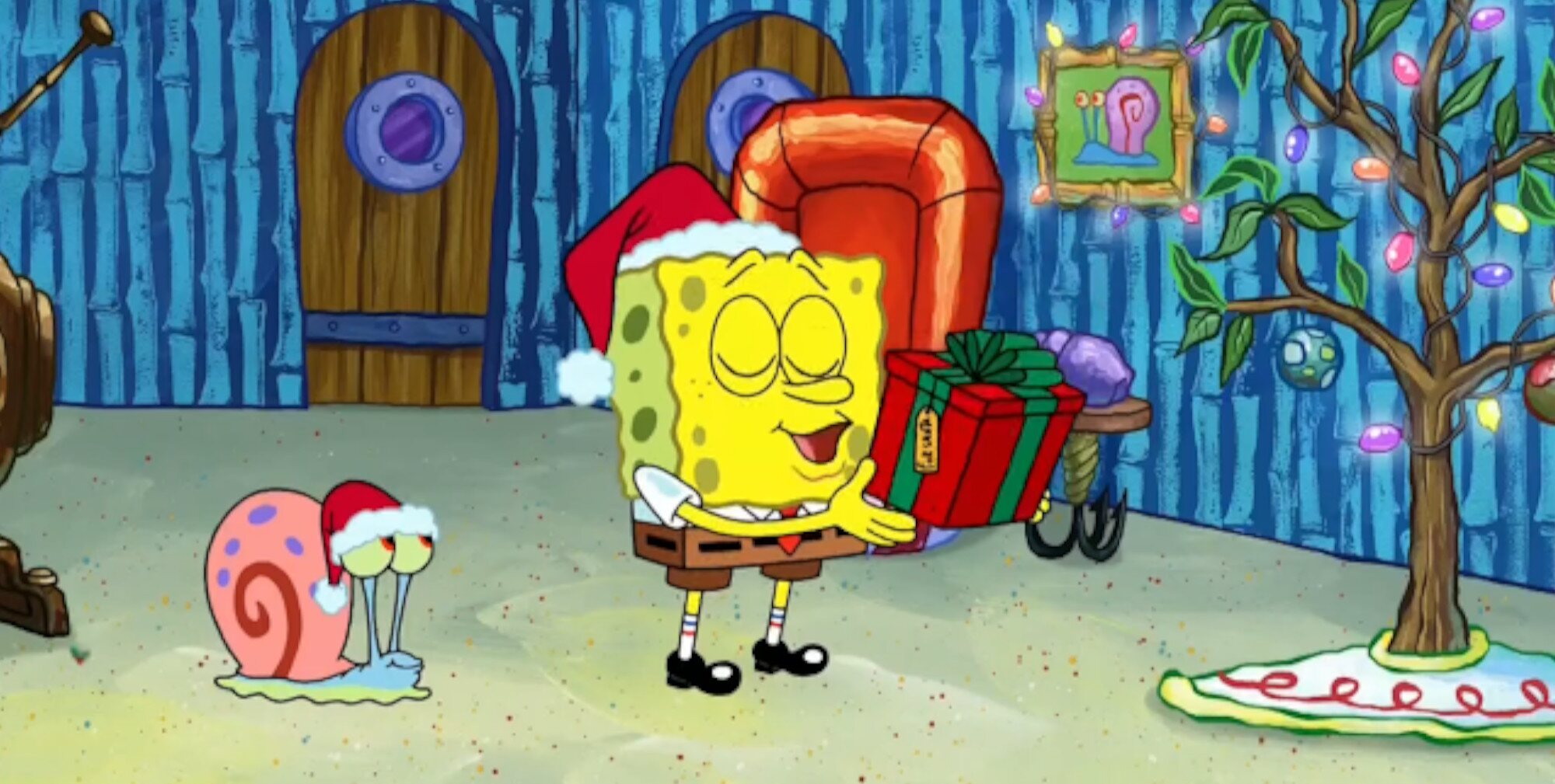 Bob Esponja y Gary celebran la navidad desde su piña debajo del mar