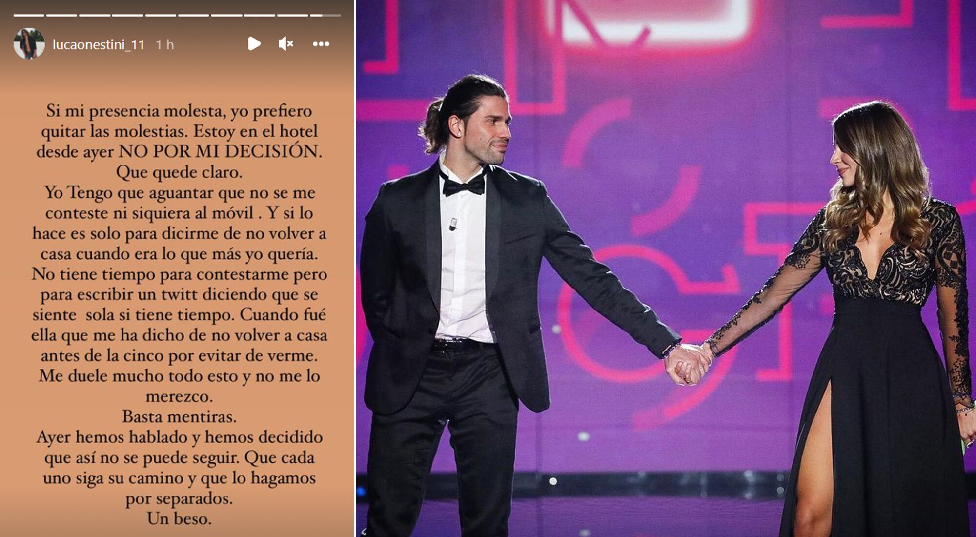 Luca Onestini y Cristina Porta en la final de 'Secret Story', junto al mensaje del italiano en redes