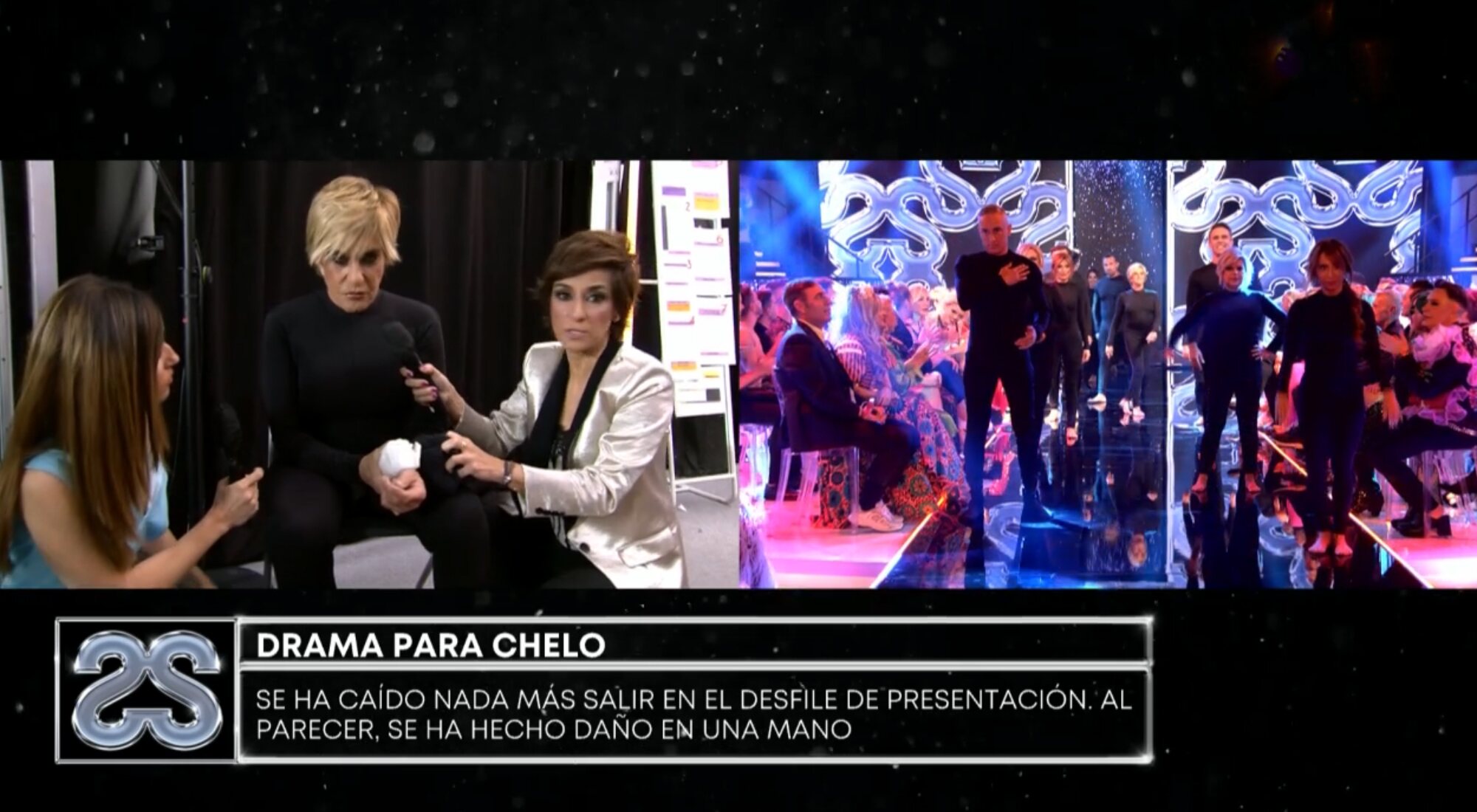 Chelo García Cortés recibe el apoyo de sus compañeras tras su caída al arrancar la 'Sálvame Fashion Week'