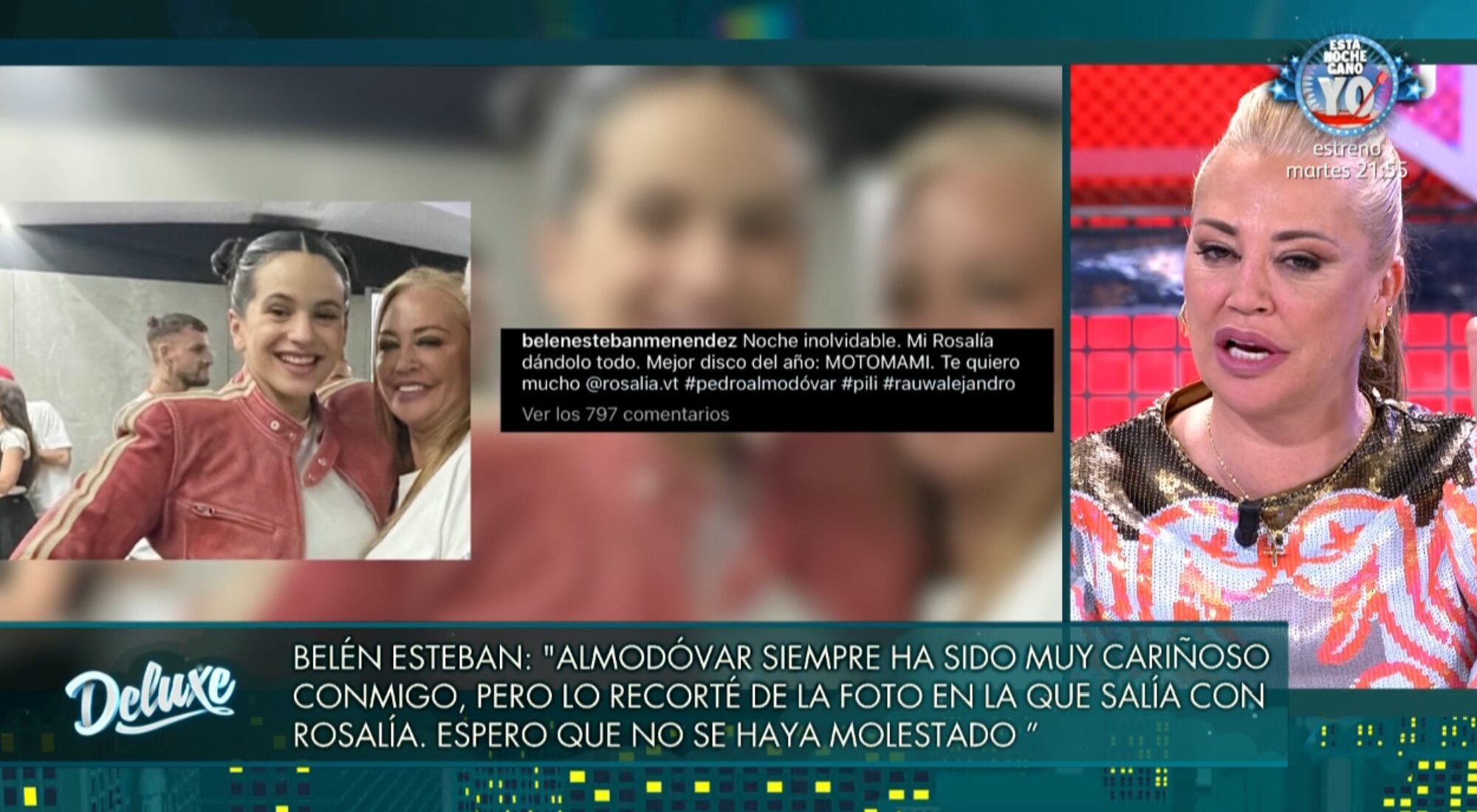Belén Esteban aclara la polémica por la foto con Rosalía y Pedro Almodóvar en 'Deluxe'