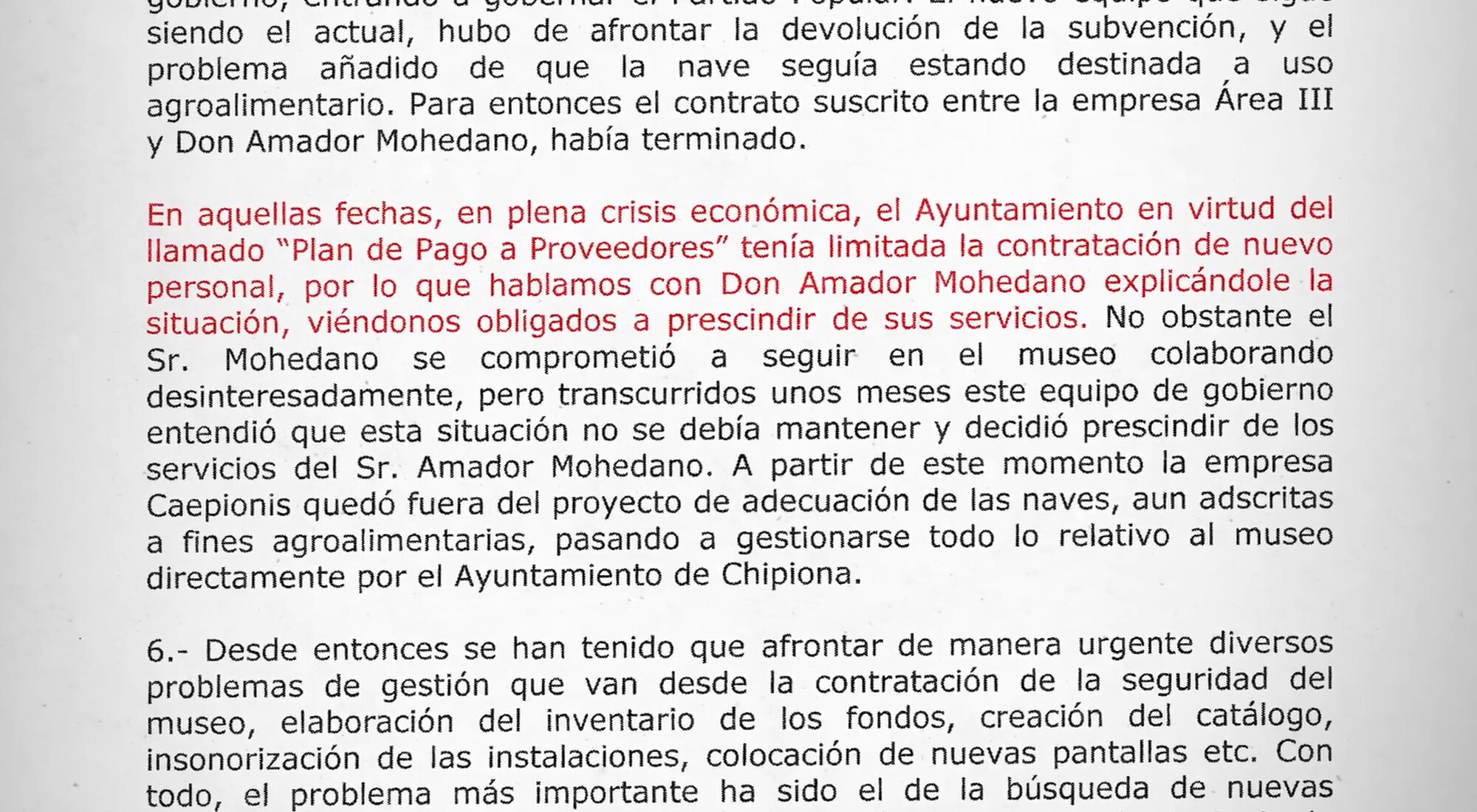 Extracto del comunicado en el se anuncia el despido de Amador Mohedano mostrado en 'En el nommbre de Rocío'