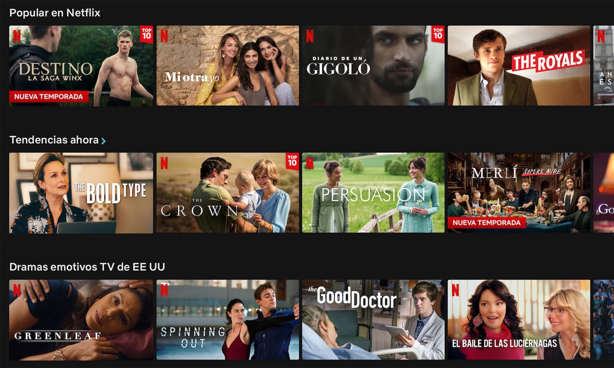 Interfaz de Netflix España