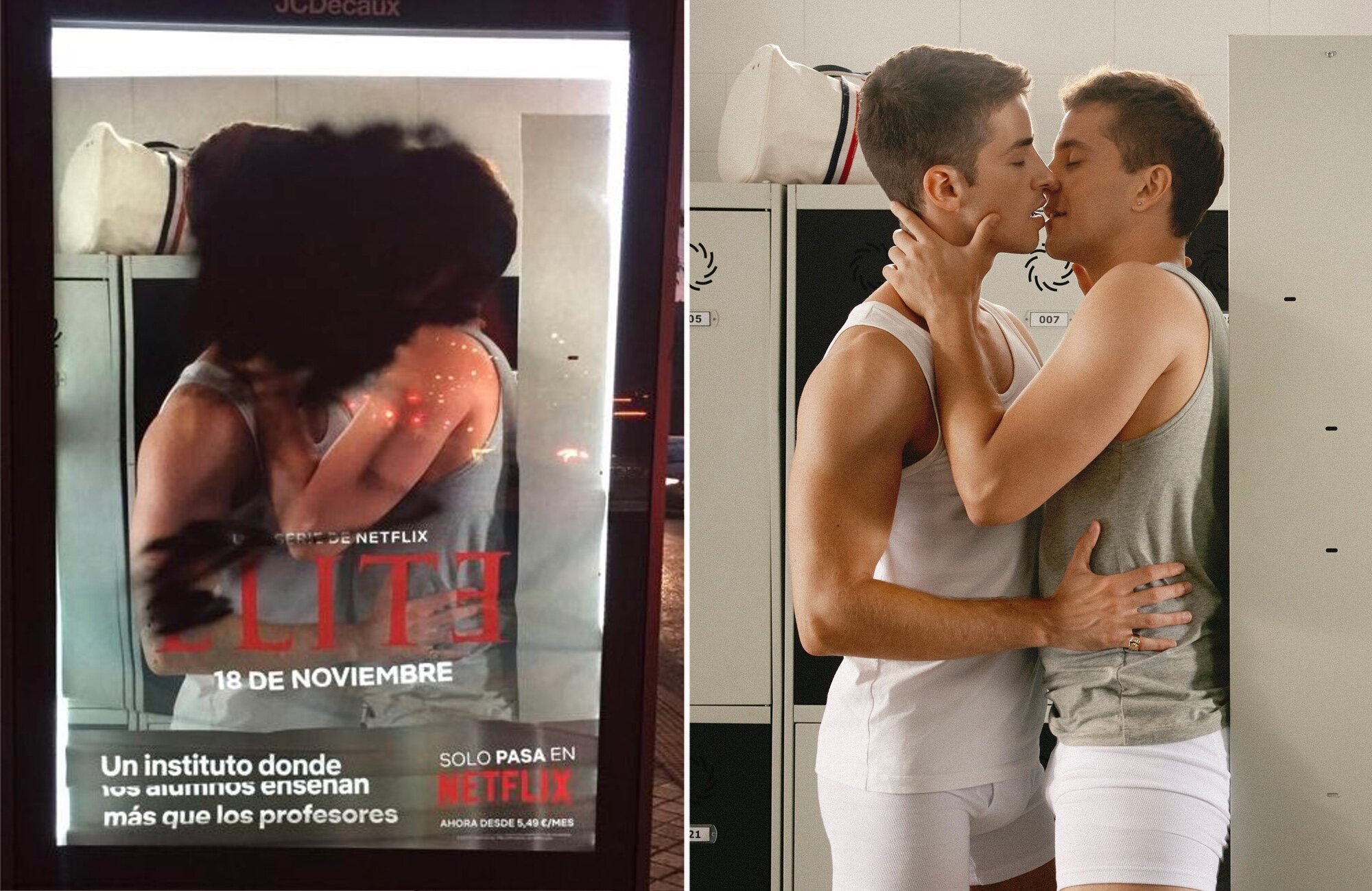 El cartel atacado, más la imagen de Patrick (Manu Ríos) e Iván (André Lamoglia), en 'Élite'
