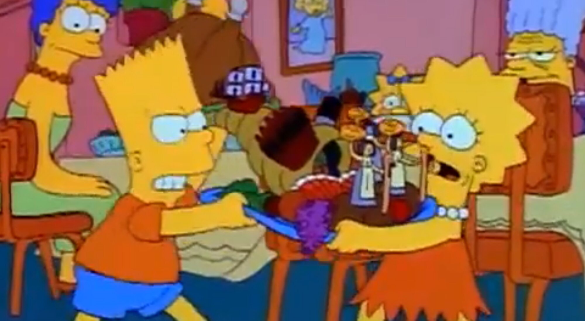 Bart y Lisa se pelean en la cena de Acción de Gracias del episodio 2x07 de 'Los Simpson'