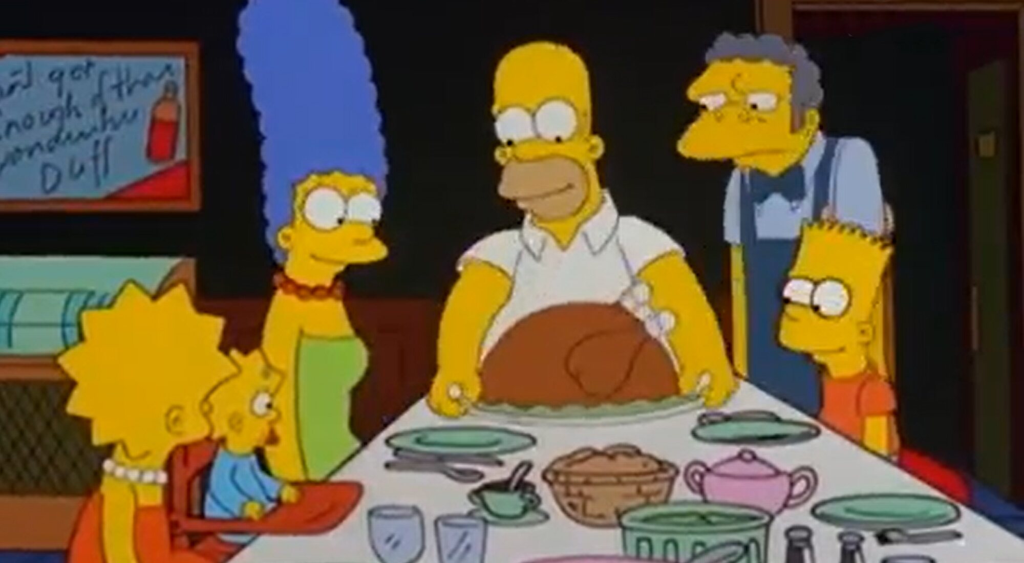 Los Simpson celebran Acción de Gracias con Moe en su bar en el episodio 13x03