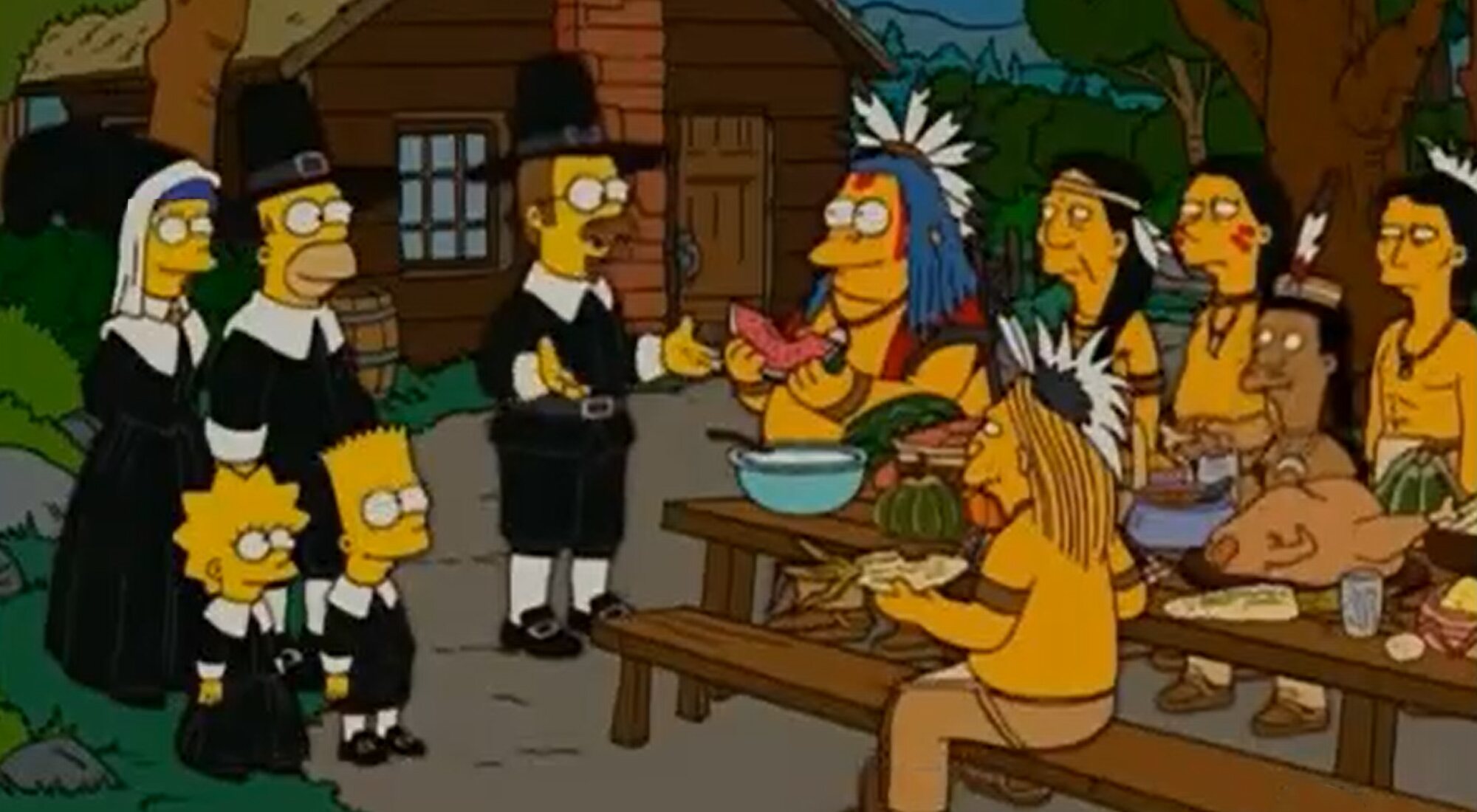 Los Simpson y Flanders en una parodia del primer Acción de Gracias del episodio 17x18