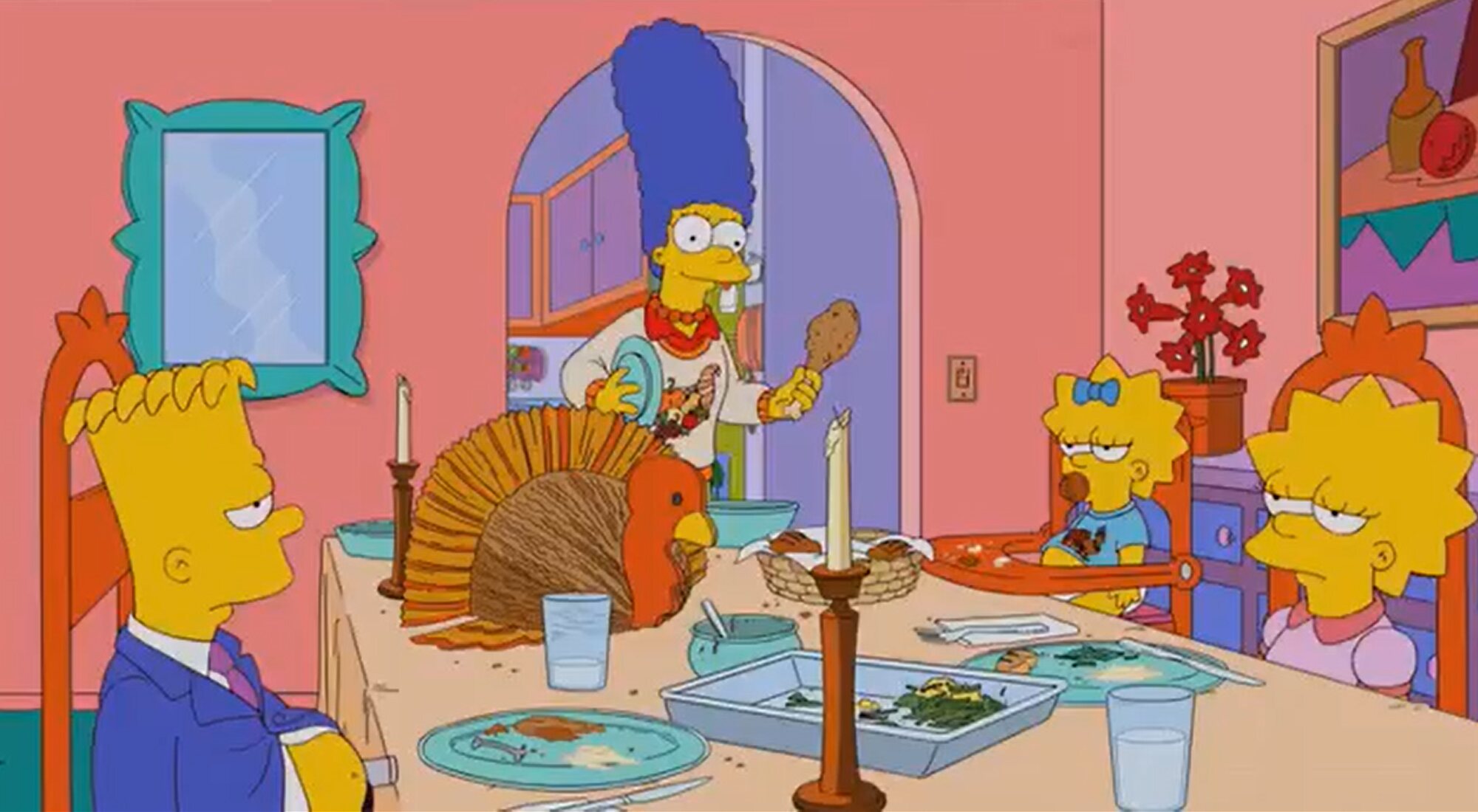 Los Simpson, empachados tras la cena de Acción de Gracias del episodio 23x09