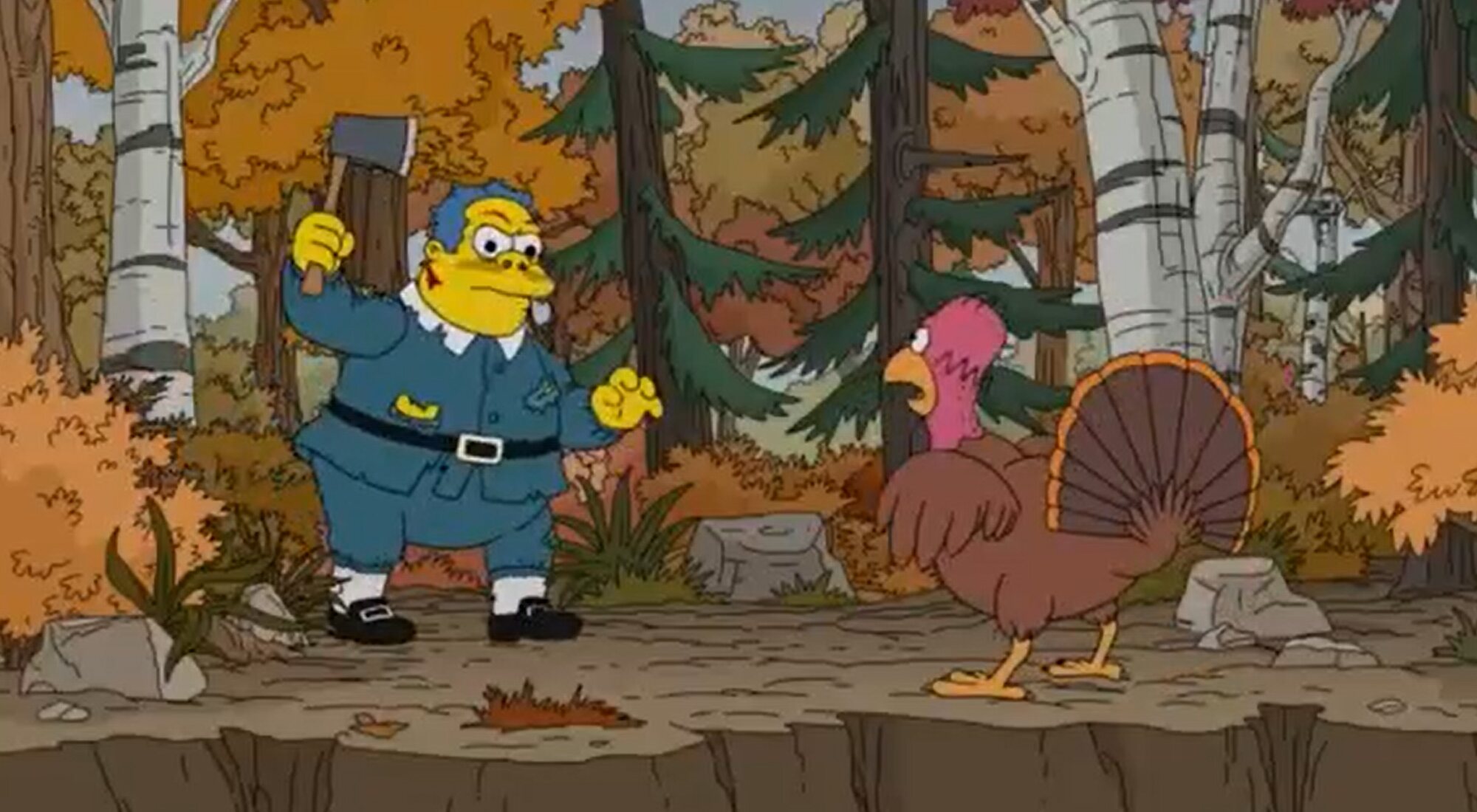 Un Homer pavo huye del jefe Wiggum en el episodio 31x08 de 'Los Simpson'