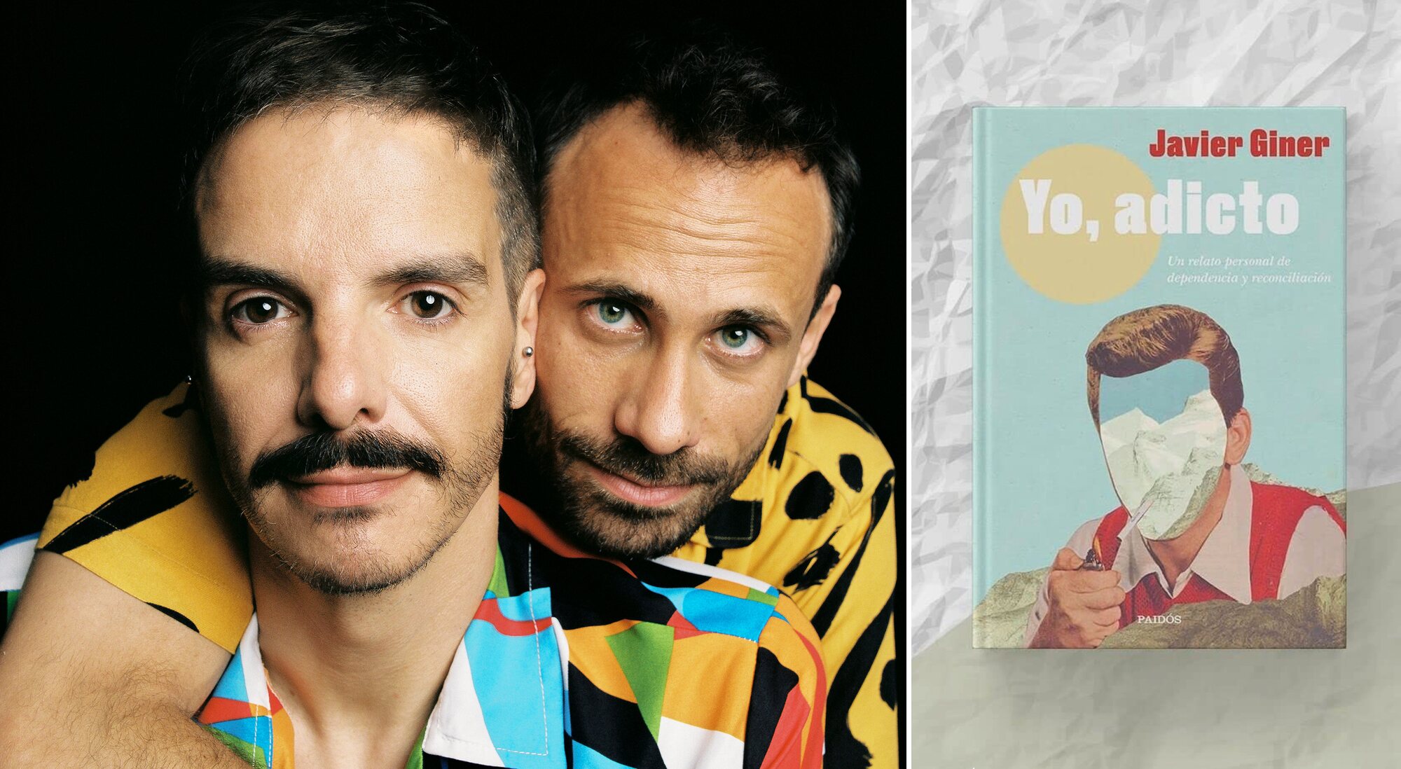 Javier Giner y Oriol Pla junto a la portada de "Yo, adicto"