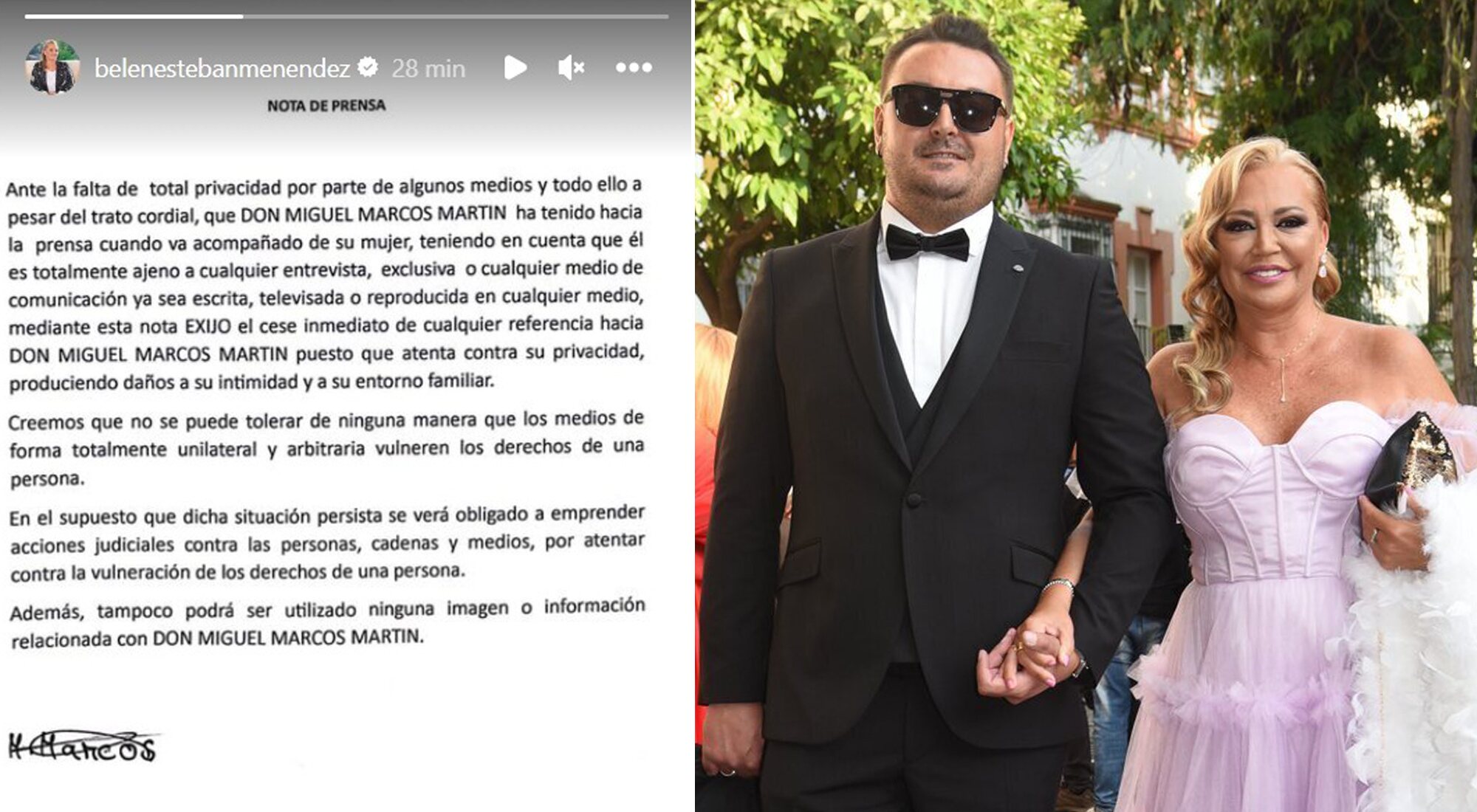 Nota de prensa publicada por Belén Esteban en nombre de su marido, junto a una foto de la pareja