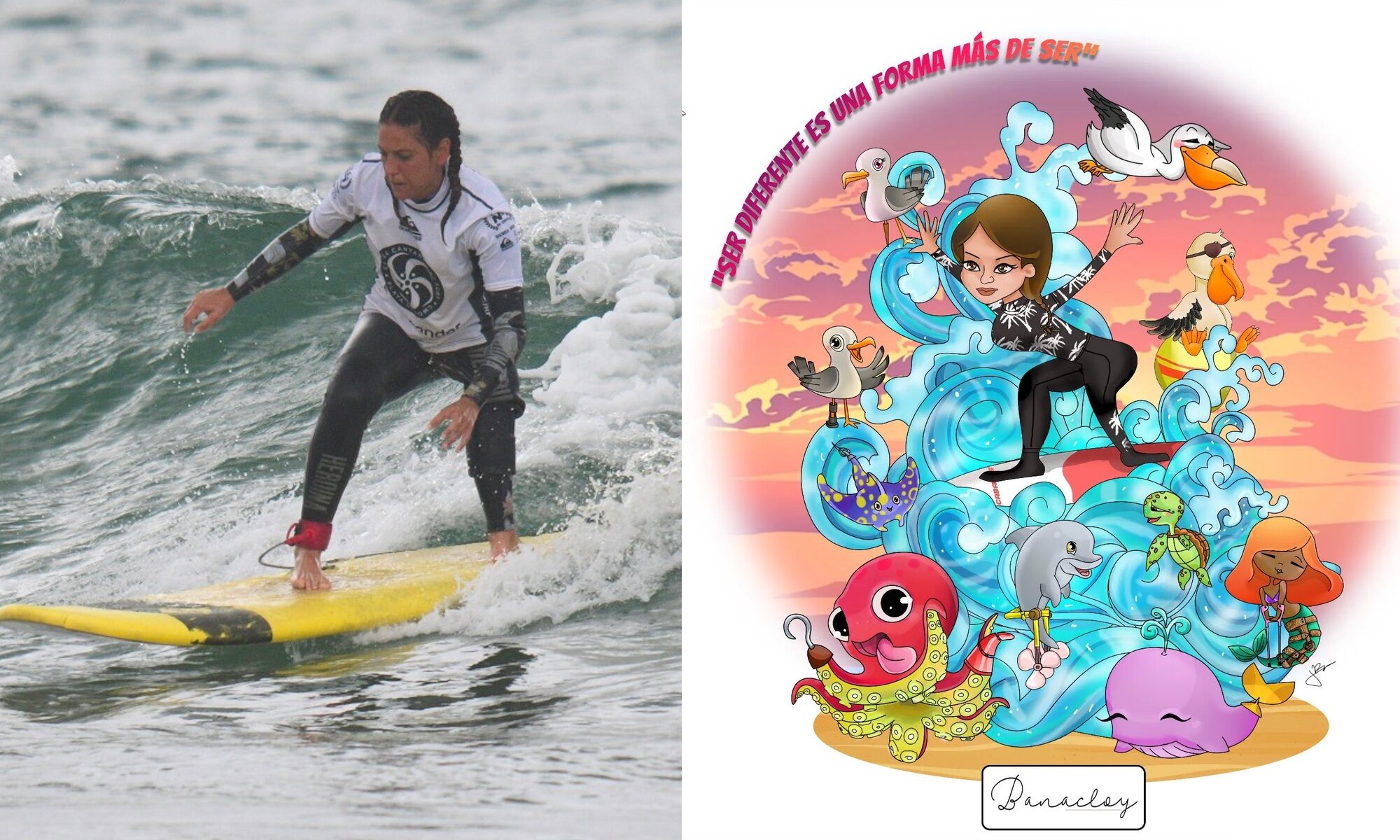 Mireia surfeando (FOTO: Landscapesinmotion) y boceto de la falla (De CrearT)