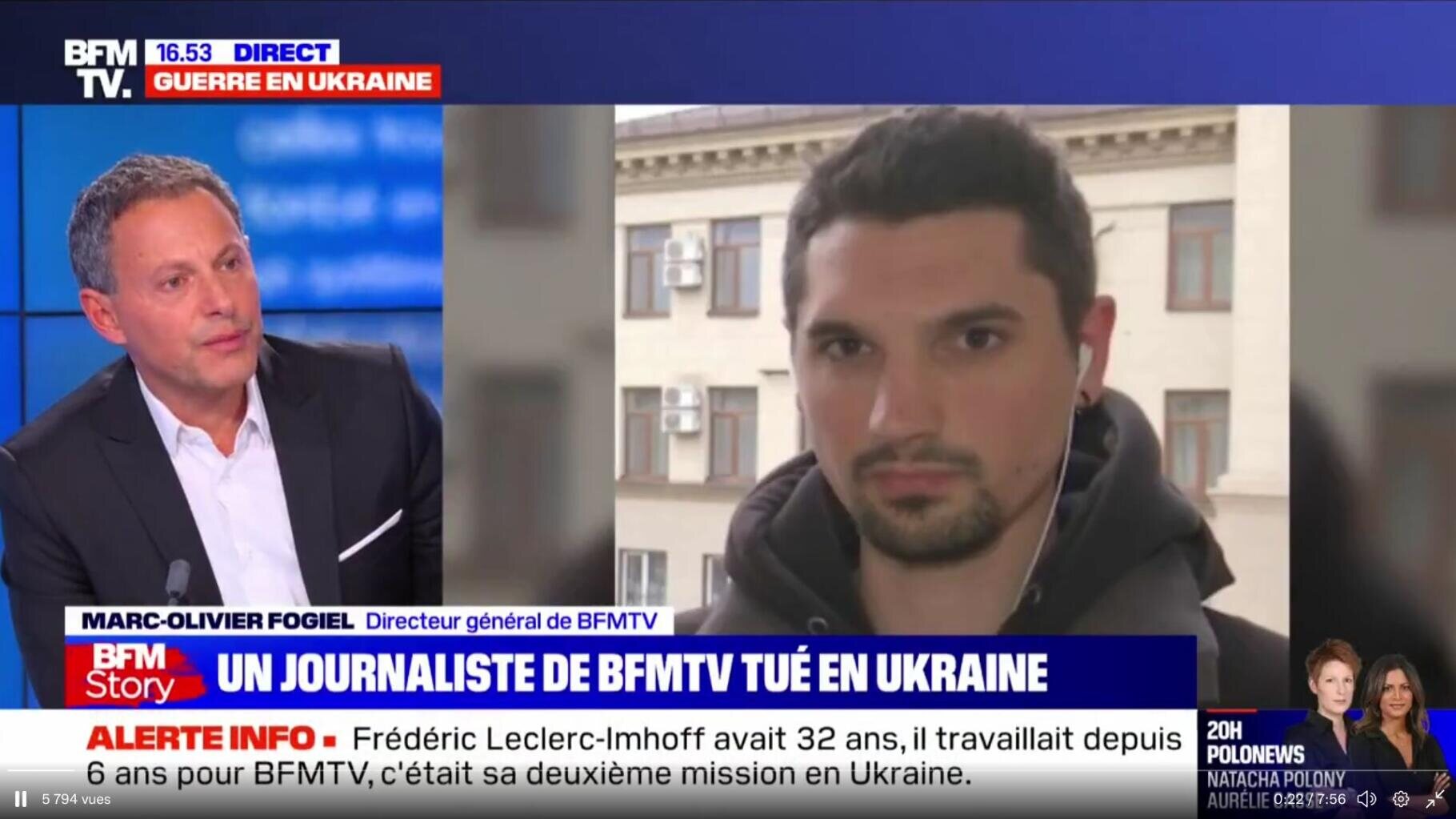 BFM TV, anunciando la muerte de uno de sus periodistas en la guerra de Ucrania