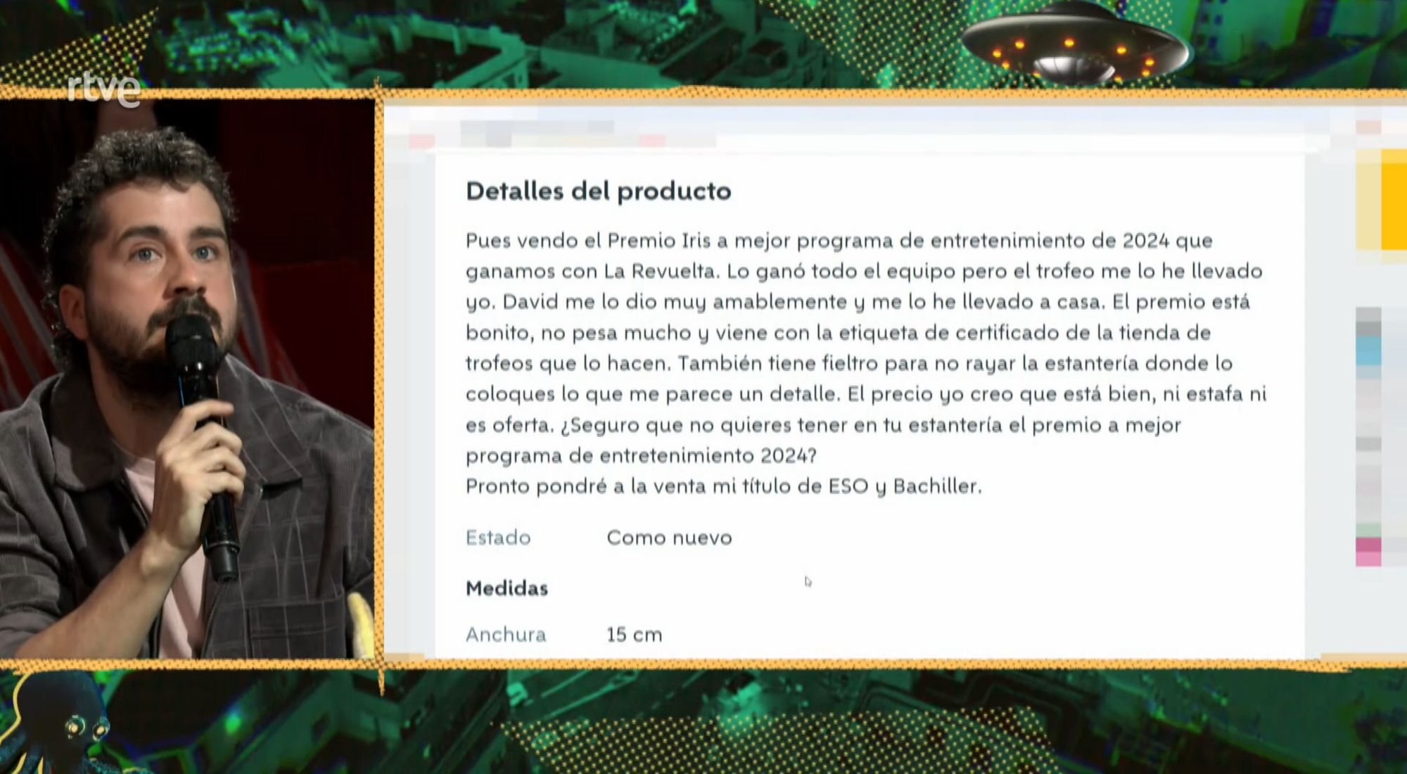 Sergio Bezos leyendo la descripción del Premio Iris en Wallapop
