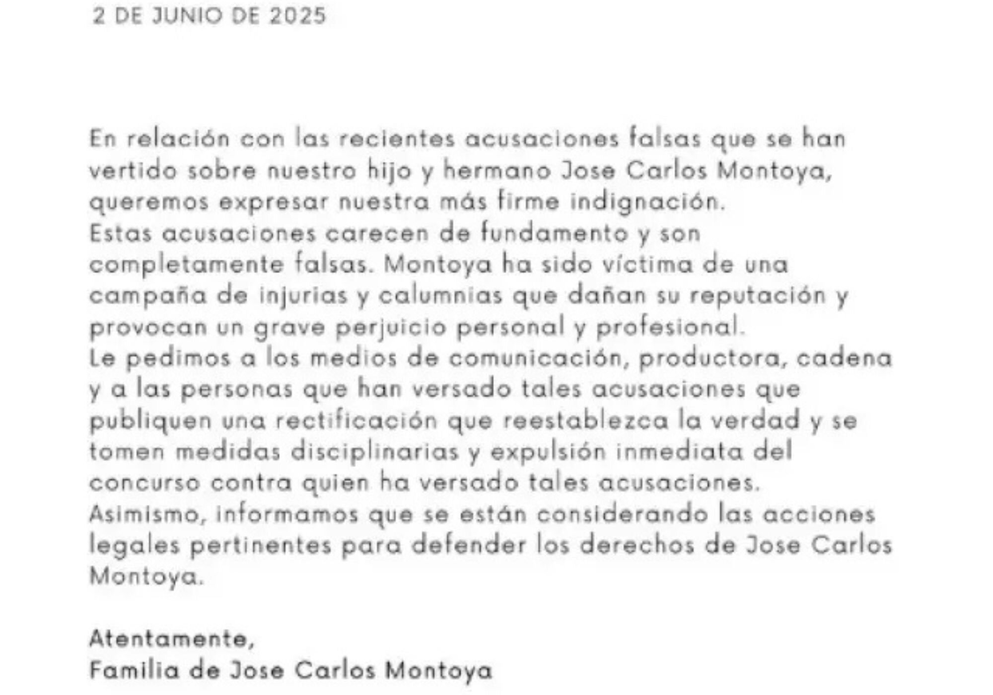 Comunicado oficial de la familia de José Carlos Montoya en Instagram