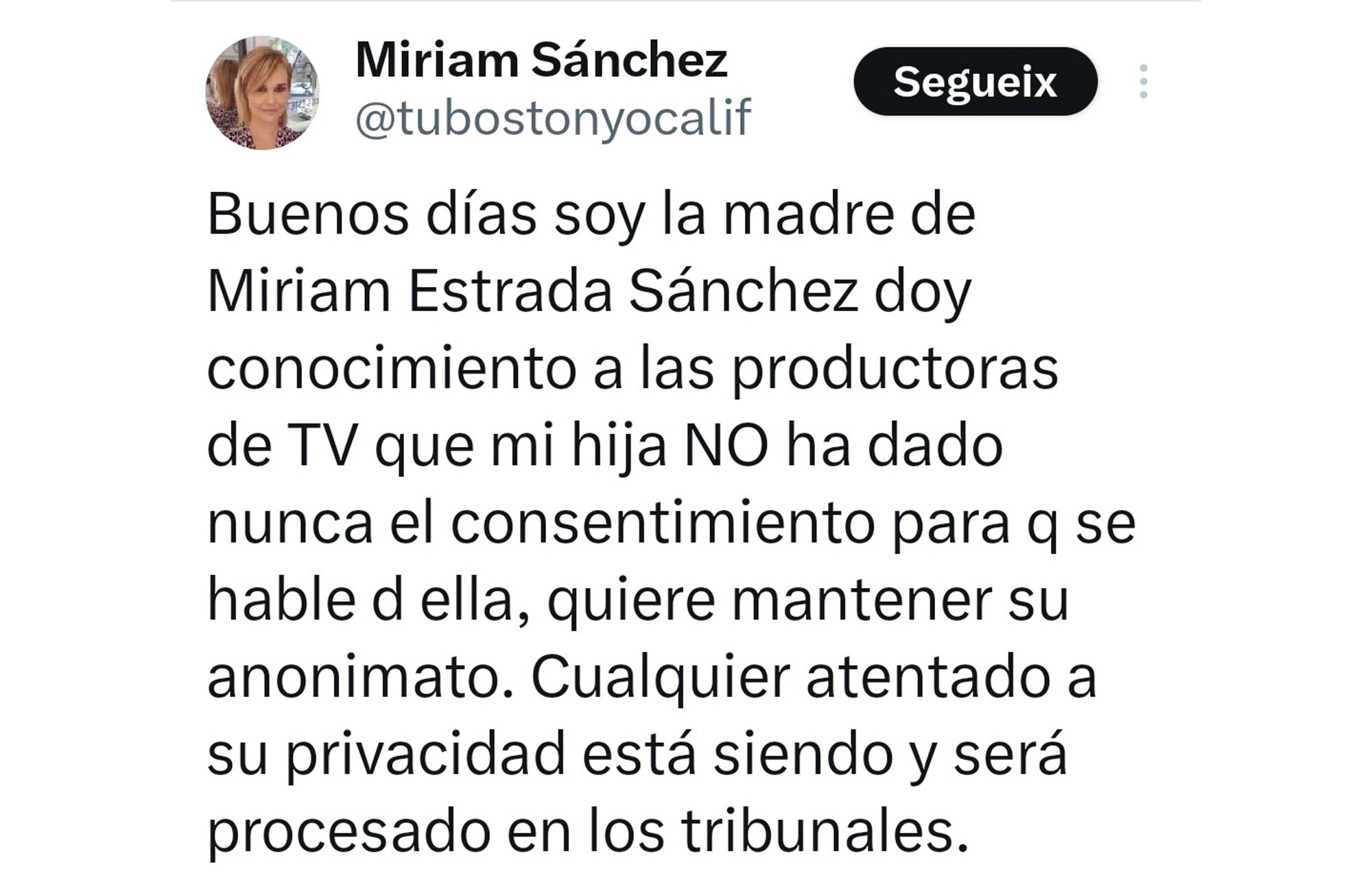 Captura del post de X borrado por Miriam Sánchez
