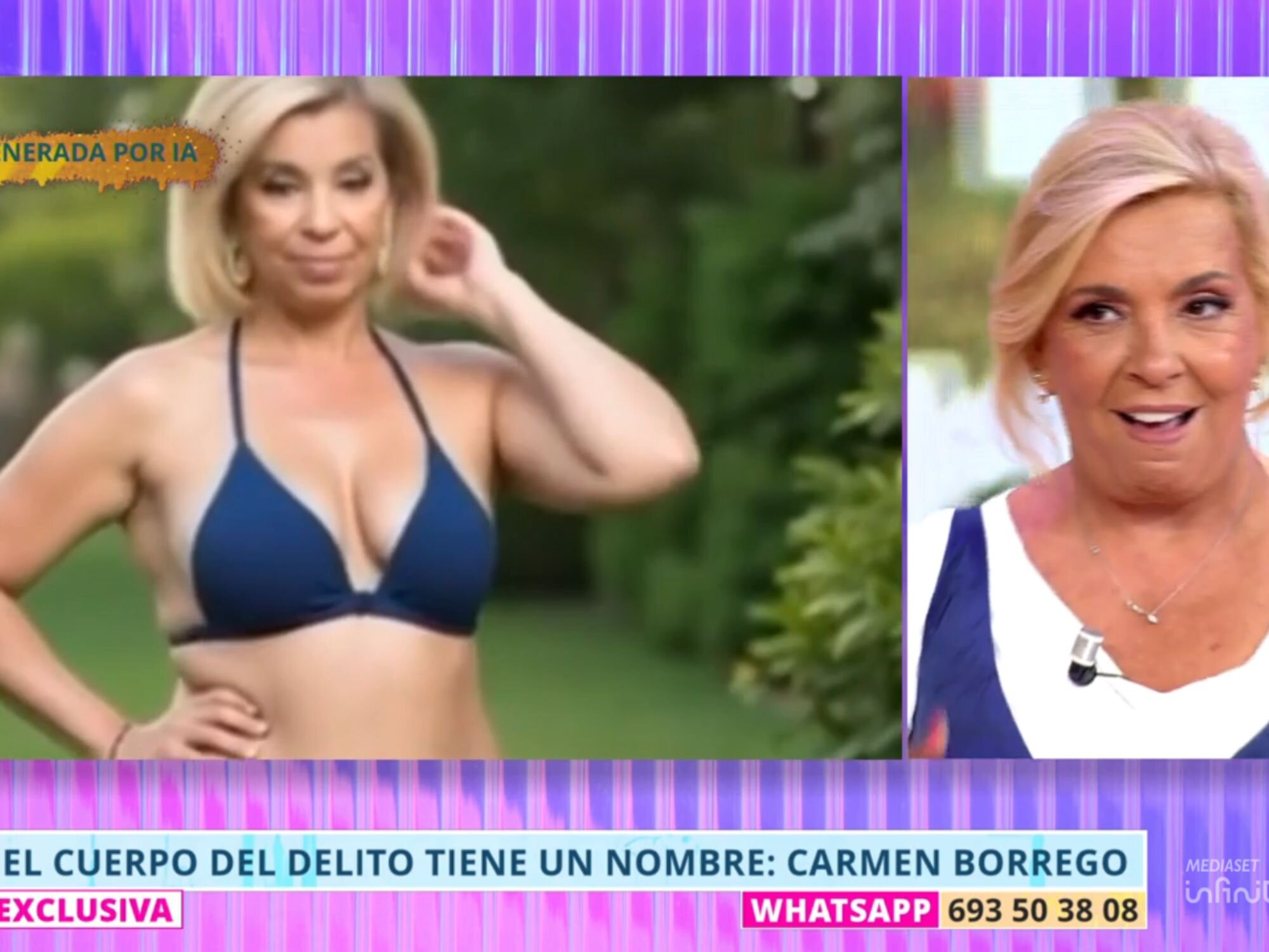 Carmen Borrego viendo una imagen de ella con IA con el bikini puesto