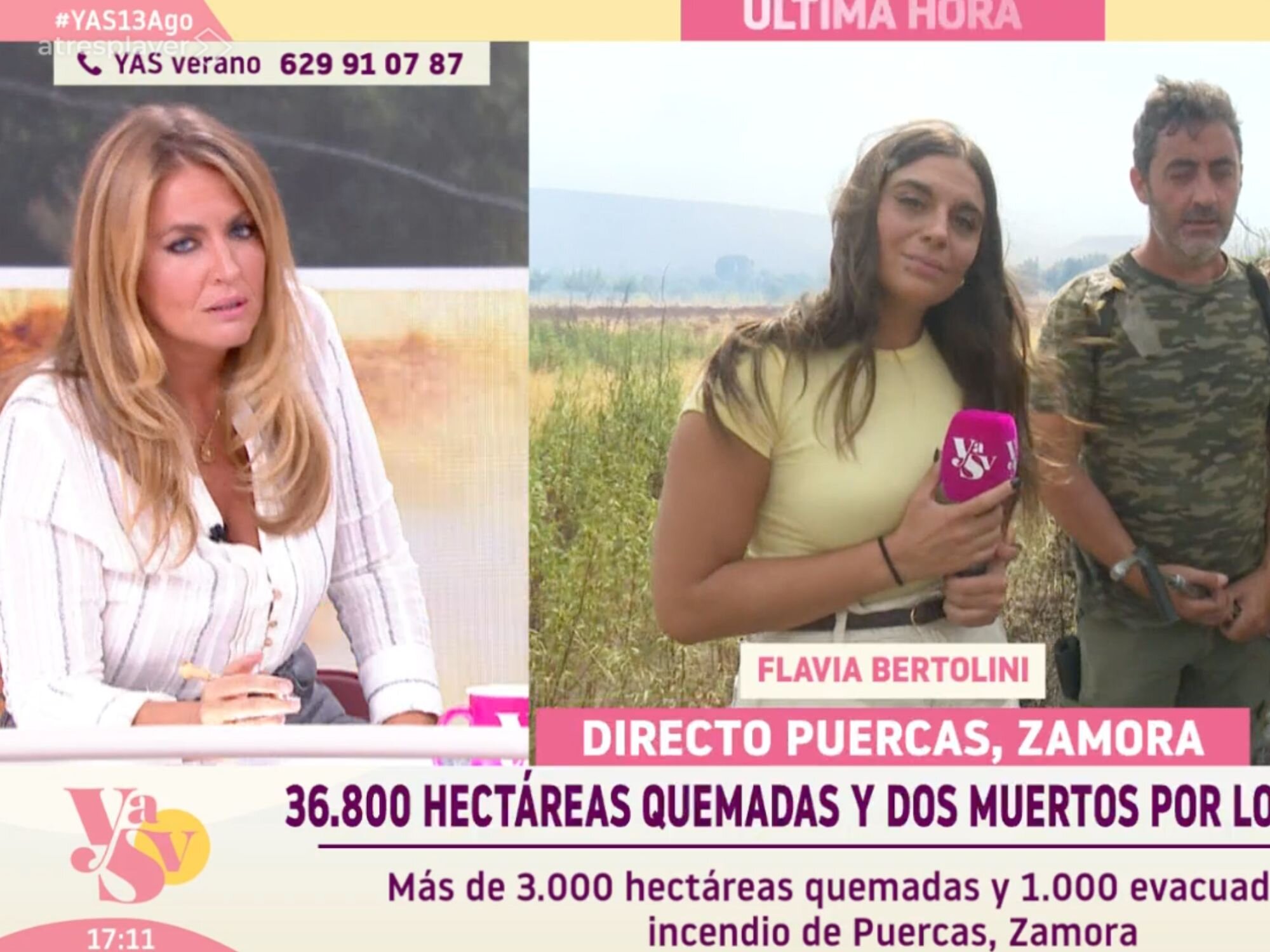 Pepa Romero dando ánimos a Flavia Bertolini, la reportera de &#39;YAS verano&#39; que estaba cubriendo el incendio de Zamora