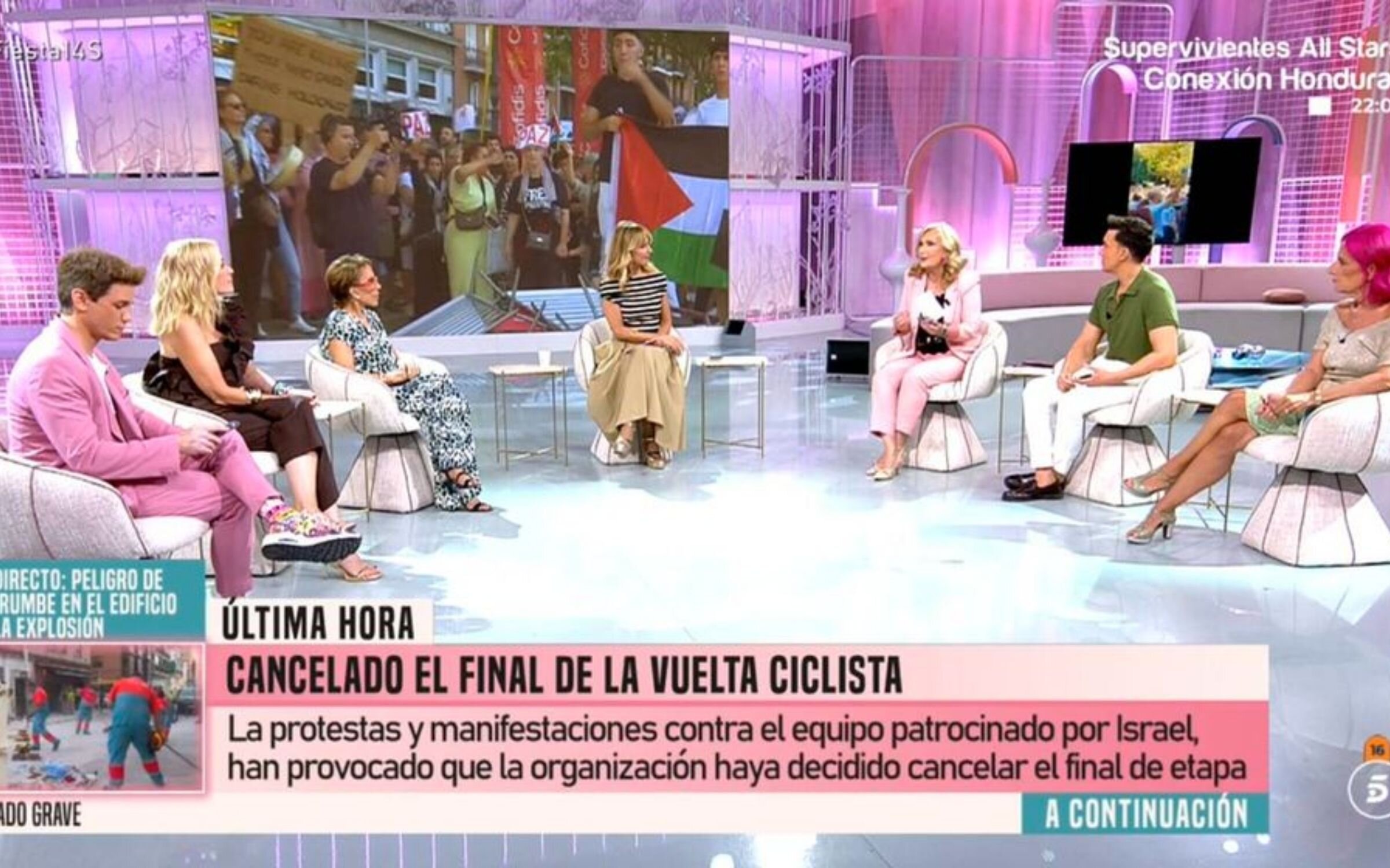 El plató de &#39;Fiesta&#39;, capitaneado por Emma García, debate sobre las protestas durante La Vuelta Ciclista 2025