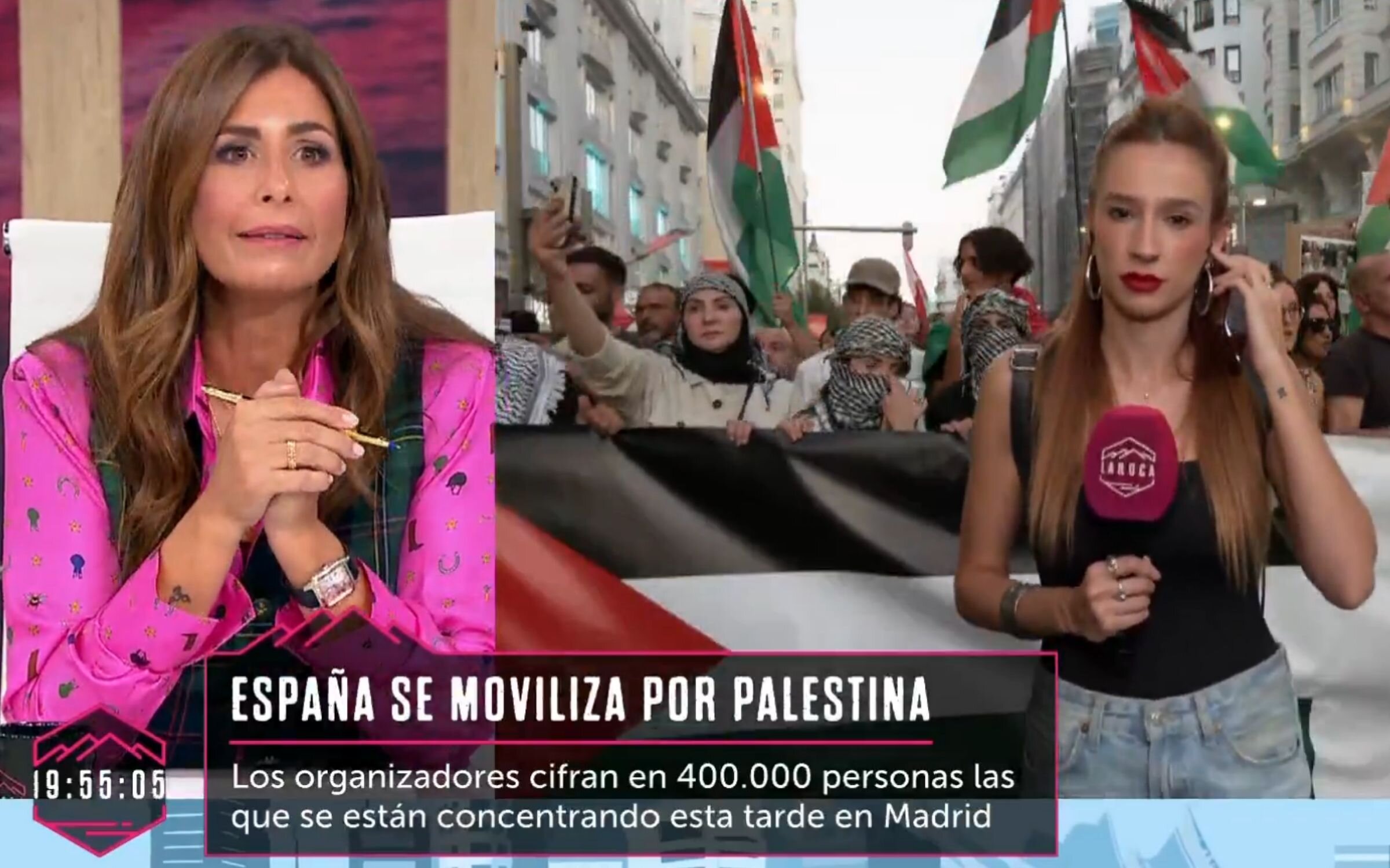 Nuria Roca conecta con Paula López durante las protestas en apoyo a Gaza en &#39;La Roca&#39;