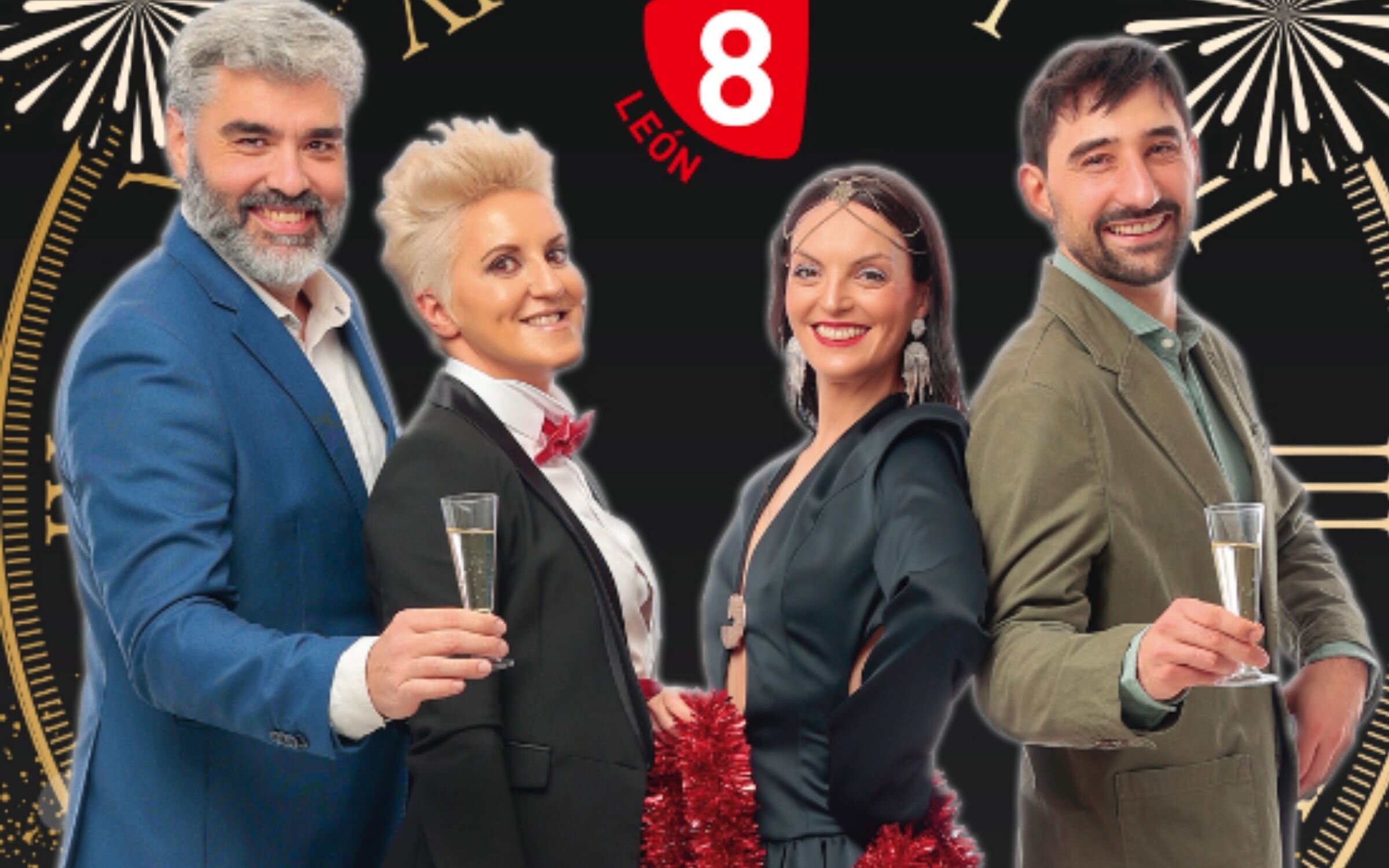 Roberto Núñez, Marianela Mart presentadores de las Campanadas de La 8 junto a Emma Rosa y Santiago Fernández