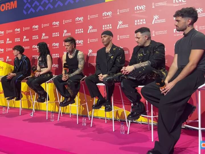 Izan Llunas, Kitai y Mikel Herzog Jr. en la rueda de prensa de la semifinal 1 del Benidorm Fest 2026