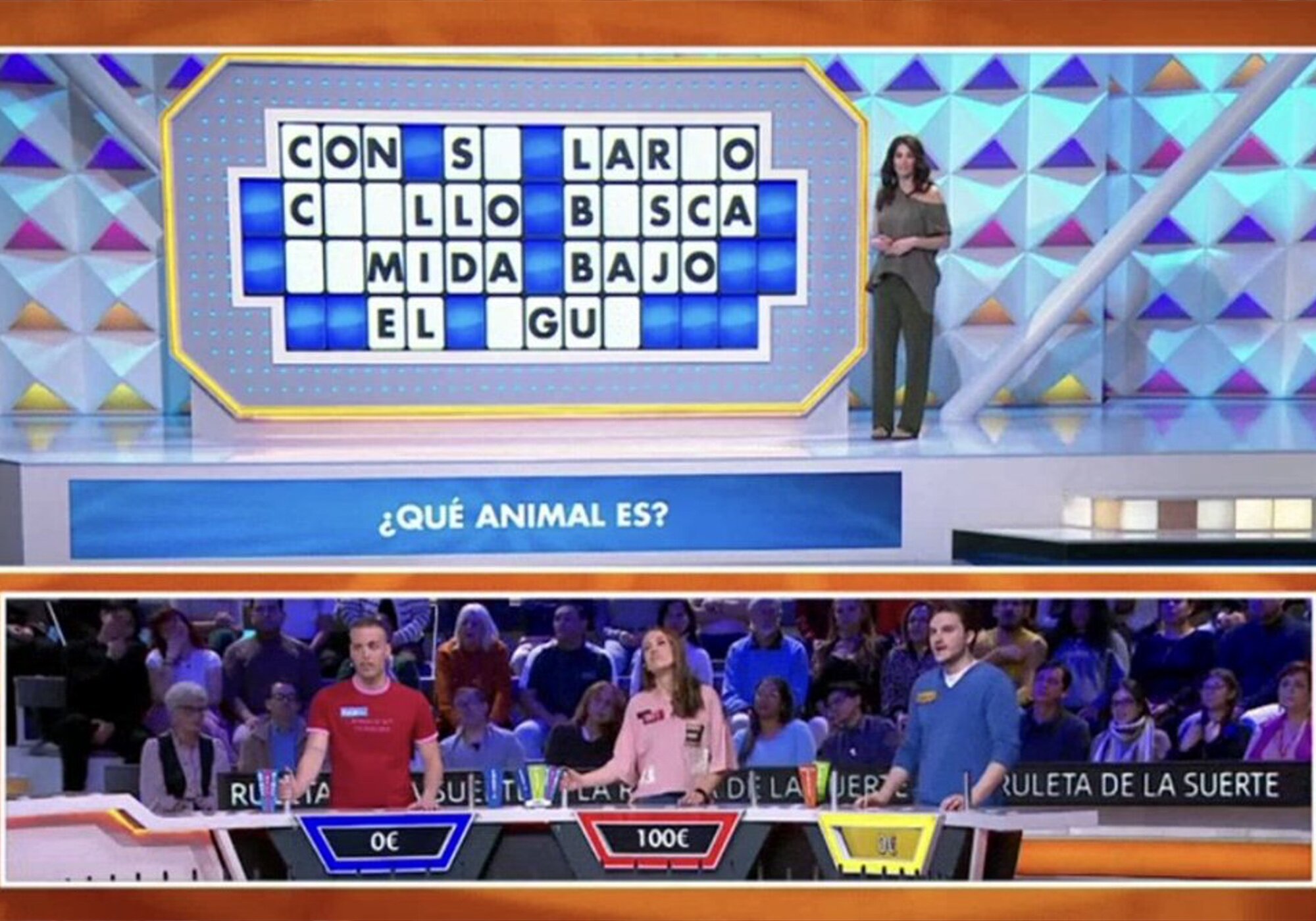 El panel y los concursantes de 'La ruleta de la suerte'