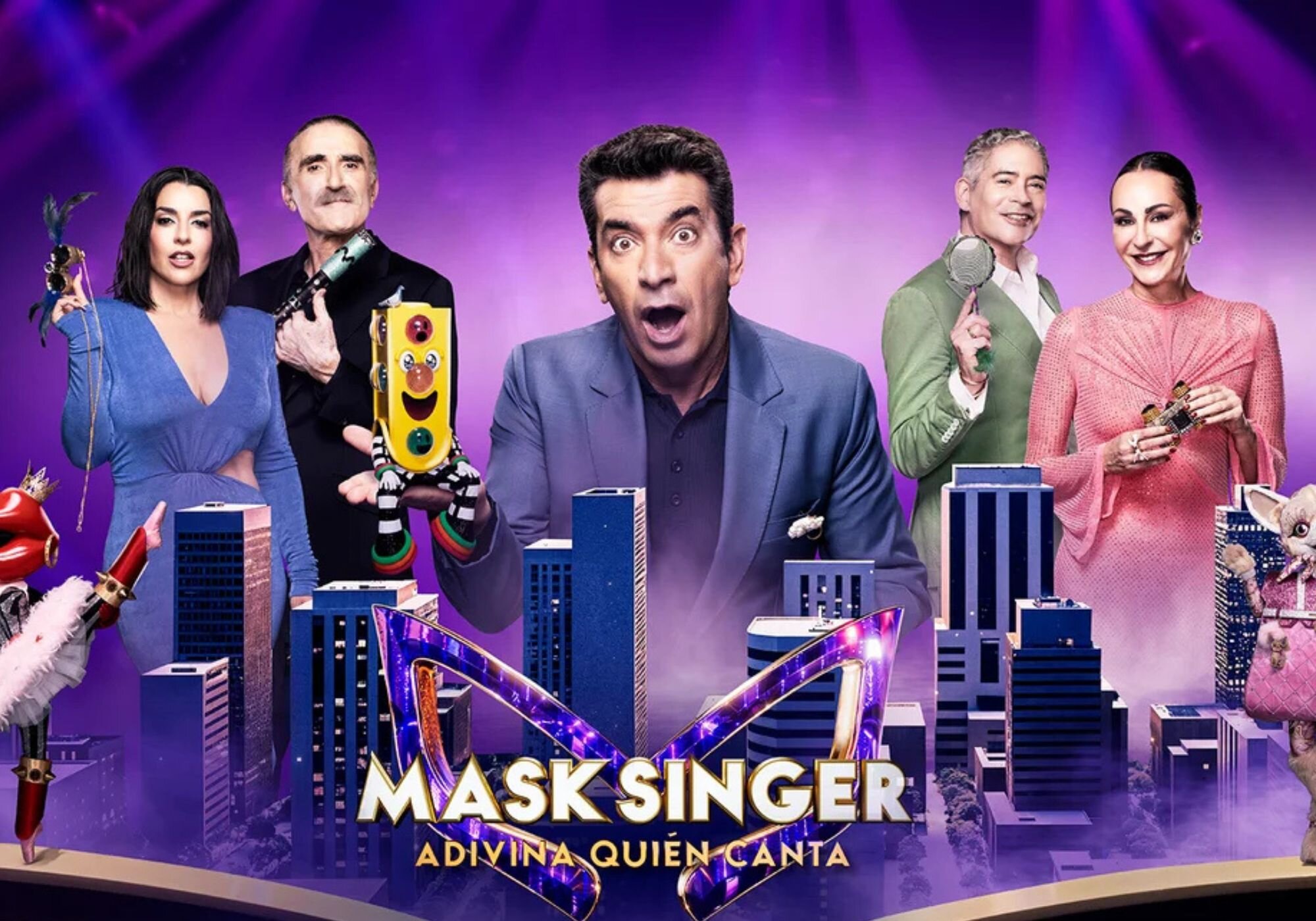 Arturo Valls junto a Ruth Lorenzo, Juan y Medio, Boris Izaguirre y Ana Milán en una foto promocional de 'Mask Singer: adivina quién canta'