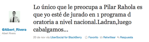 Tweet de respuesta de Albert Rivera a las críticas de Pilar Rahola por su participación en el nuevo programa de Cuatro 'El Comecocos'