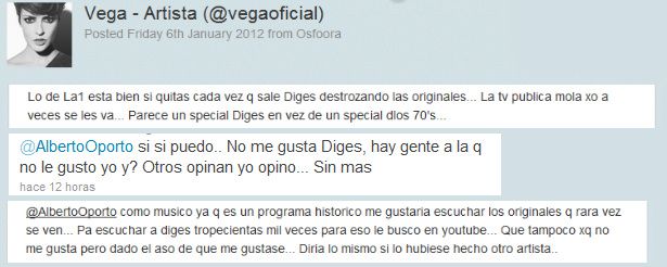 Tweets de la cantante Vega