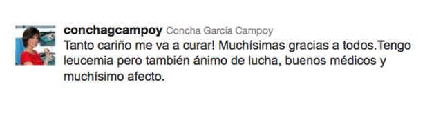 Tweet de Concha García Campoy en el que anuncia que sufre leucemia