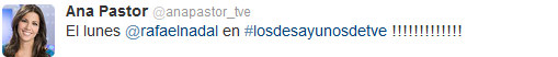 Ana Pastor informa de que Rafa Nadal irá a 'Los desayunos de TVE'