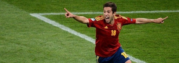 El jugador Jordi Alba celebra el gol de la Selección Española
