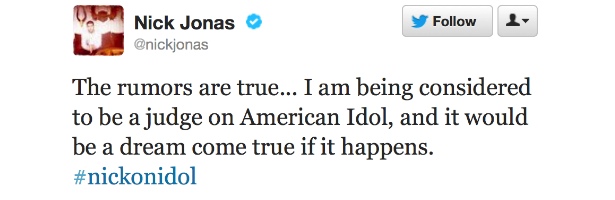 Nick Jonas confirma en Twitter su participación en 'American Idol'