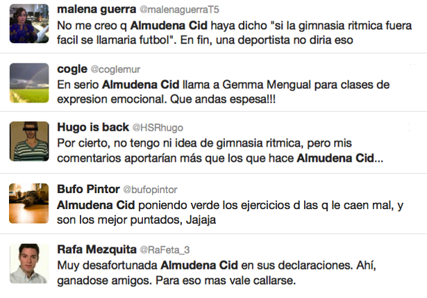 Comentarios negativos sobre Almudena Cid en Twitter