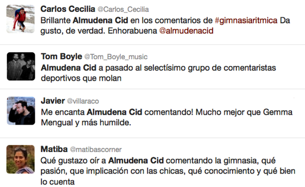 Comentarios positivos para Almudena Cid en Twitter