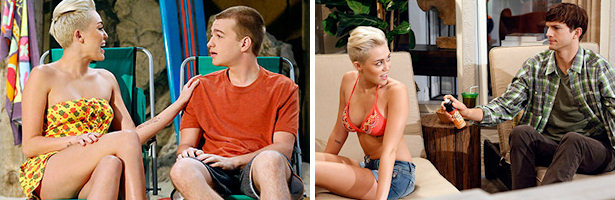 Miley Cyrus tontea con Angus T Jones y Ashton Kutcher en 'Dos hombres y medio'