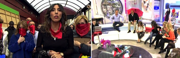 Izquierda: el equipo de &#39;Sálvame&#39; dirigiendose al plató de Ana Rosa. Derecha: Ya instalados en &#39;El programa de AR&#39;