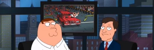 En el montaje, Peter Griffin hace explotar las bombas para ganar la maratón